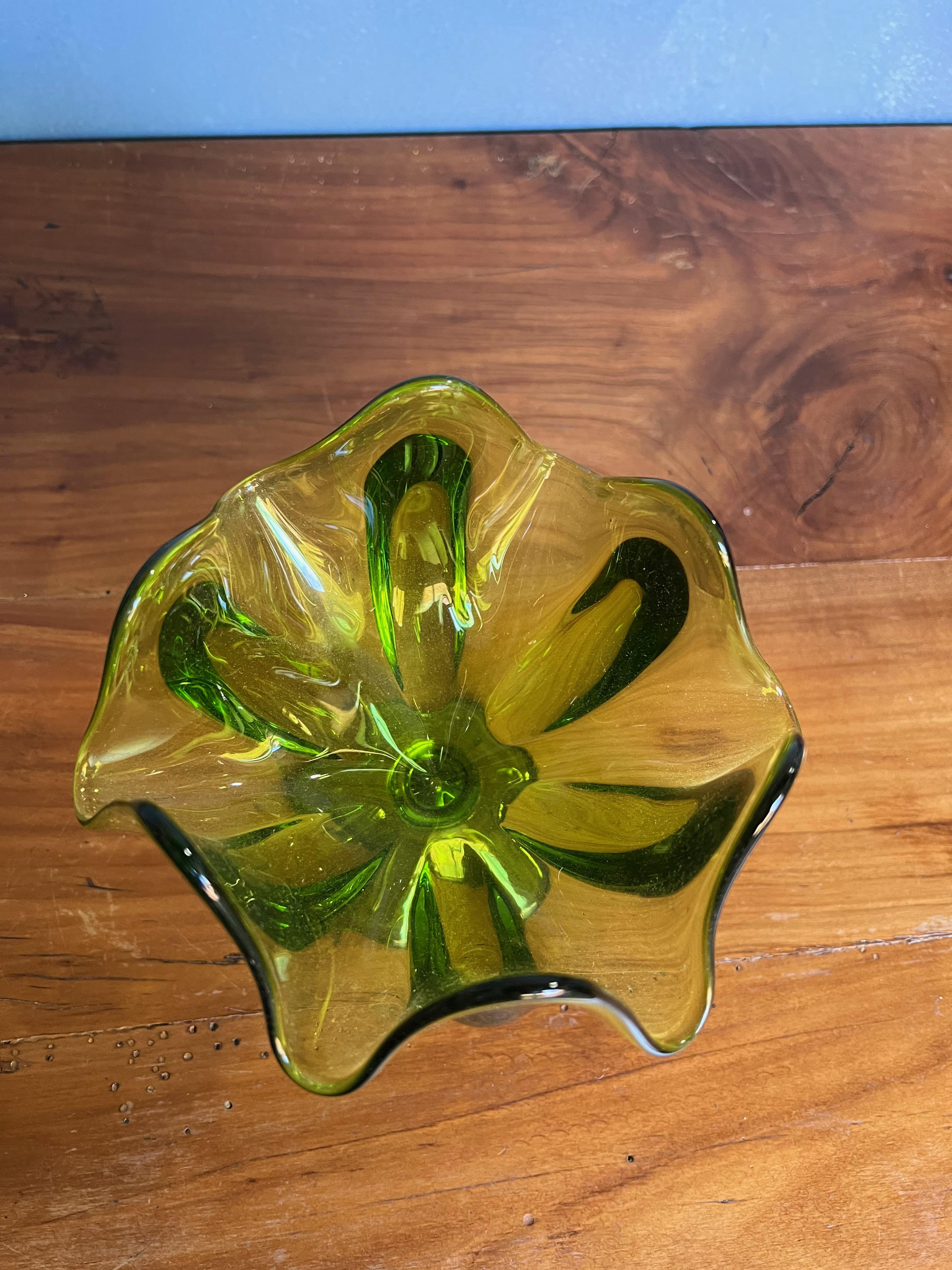 Glass Mid-Century Emerald Green Footed Dish For Sale
