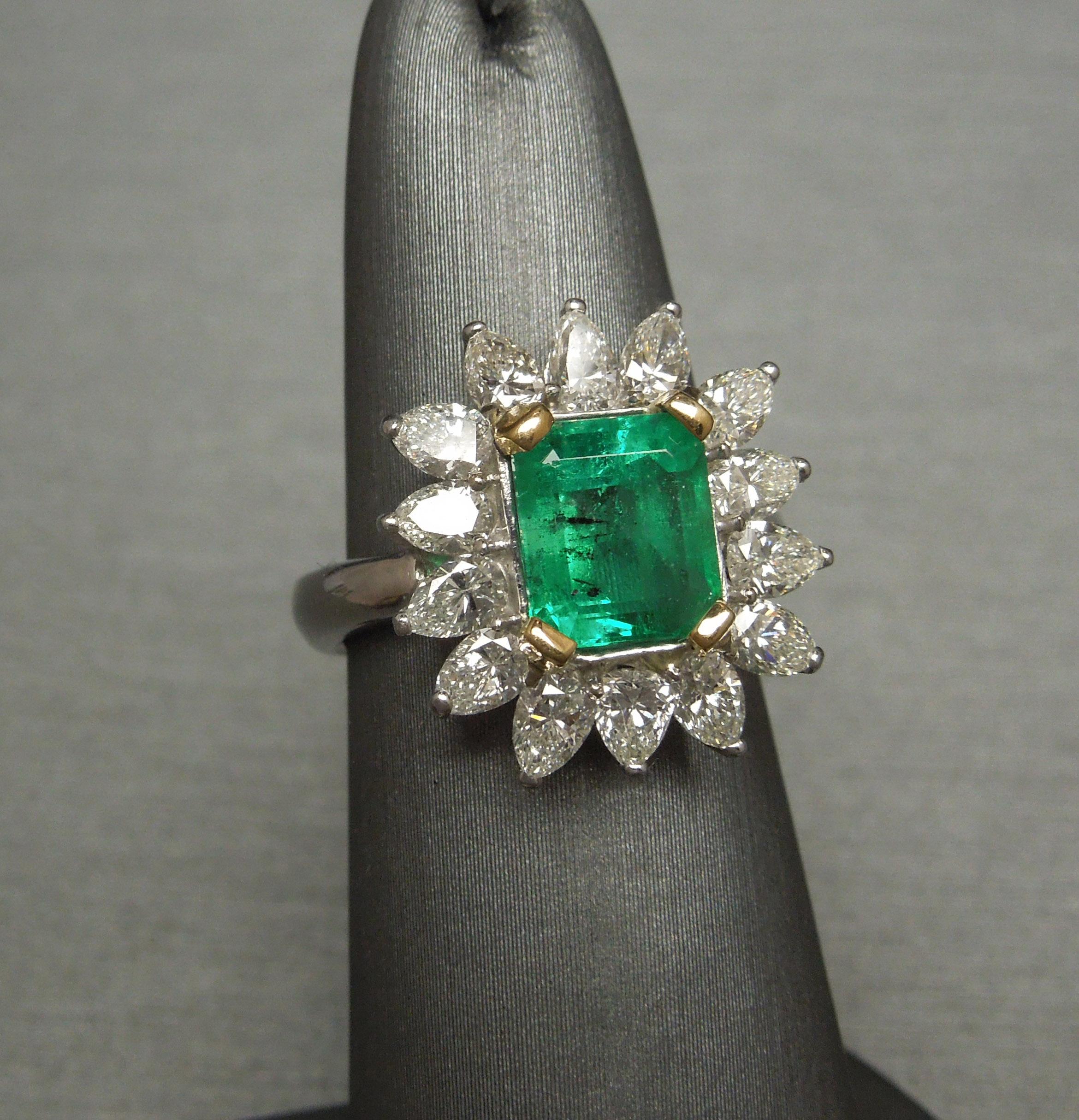 Emerald Cut Midcentury GIA Emerald and Pear Cut Diamond Cocktail Ring For Sale