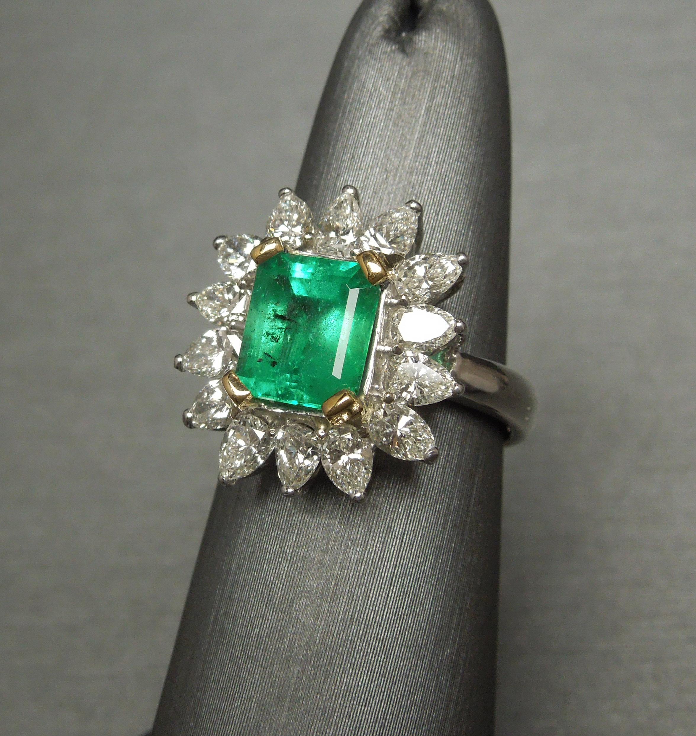 Midcentury GIA Emerald and Pear Cut Diamond Cocktail Ring In Good Condition For Sale In METAIRIE, LA