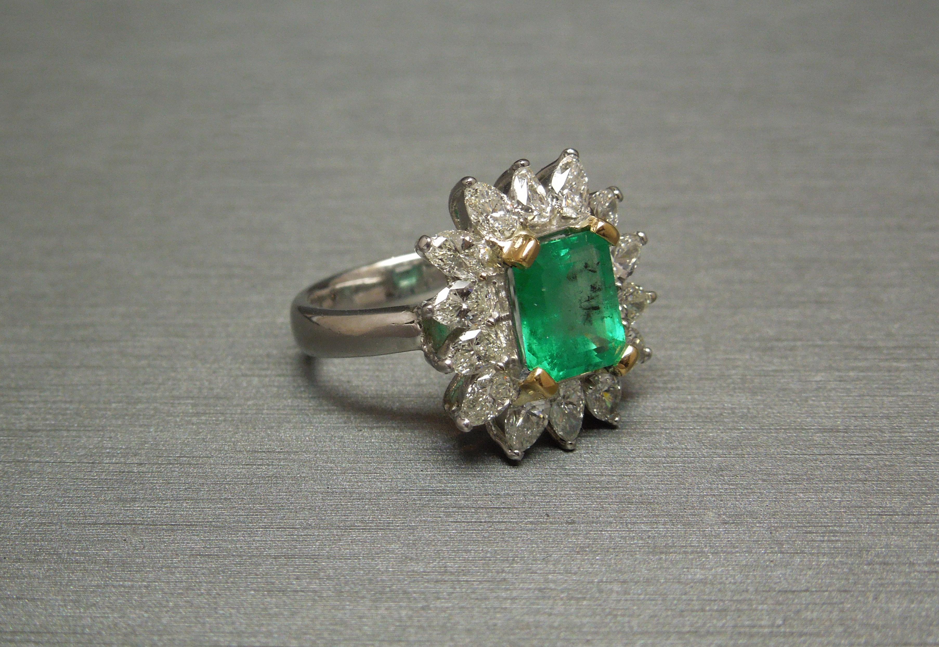 Women's Midcentury GIA Emerald and Pear Cut Diamond Cocktail Ring For Sale