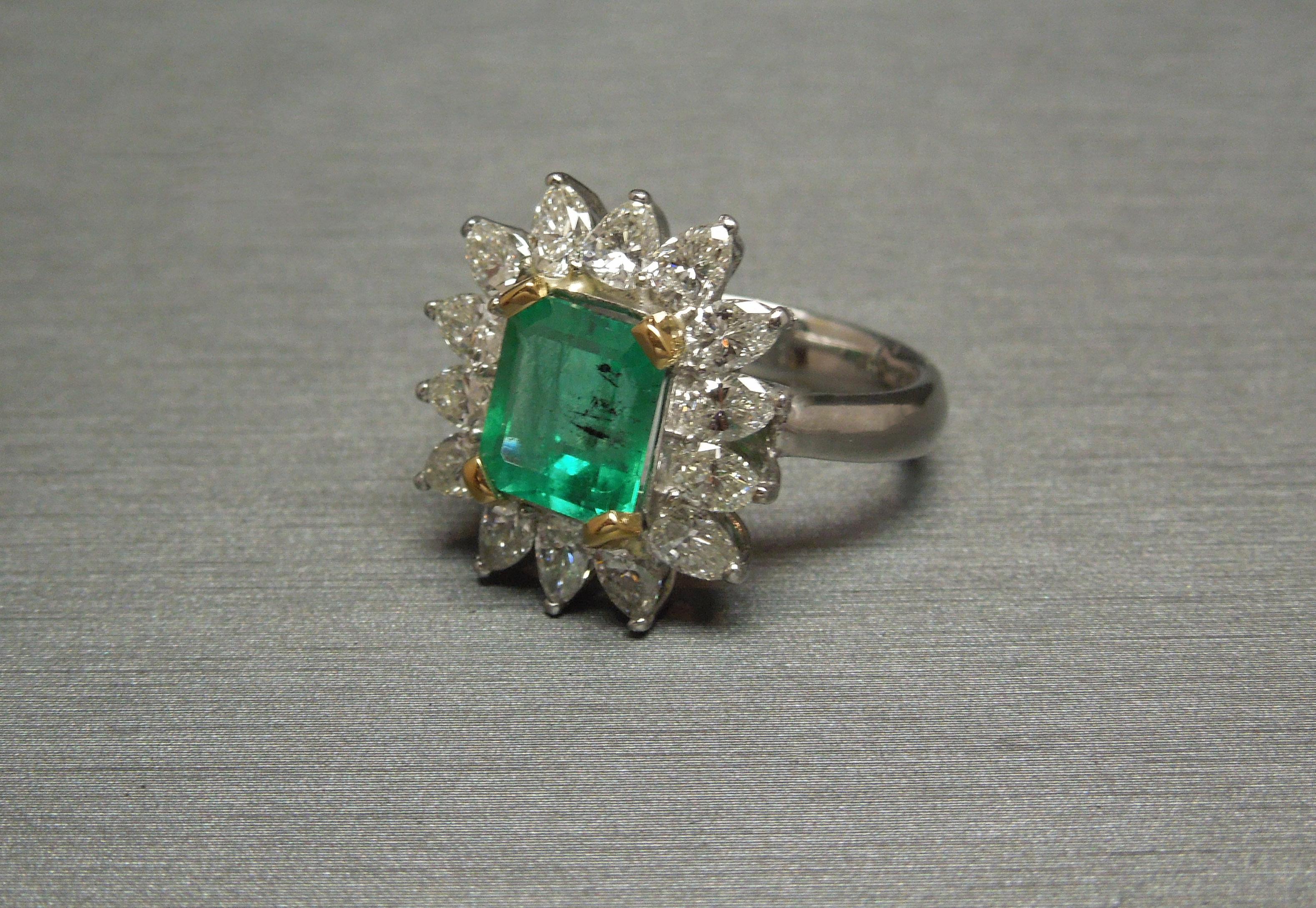 Midcentury GIA Emerald and Pear Cut Diamond Cocktail Ring For Sale 1