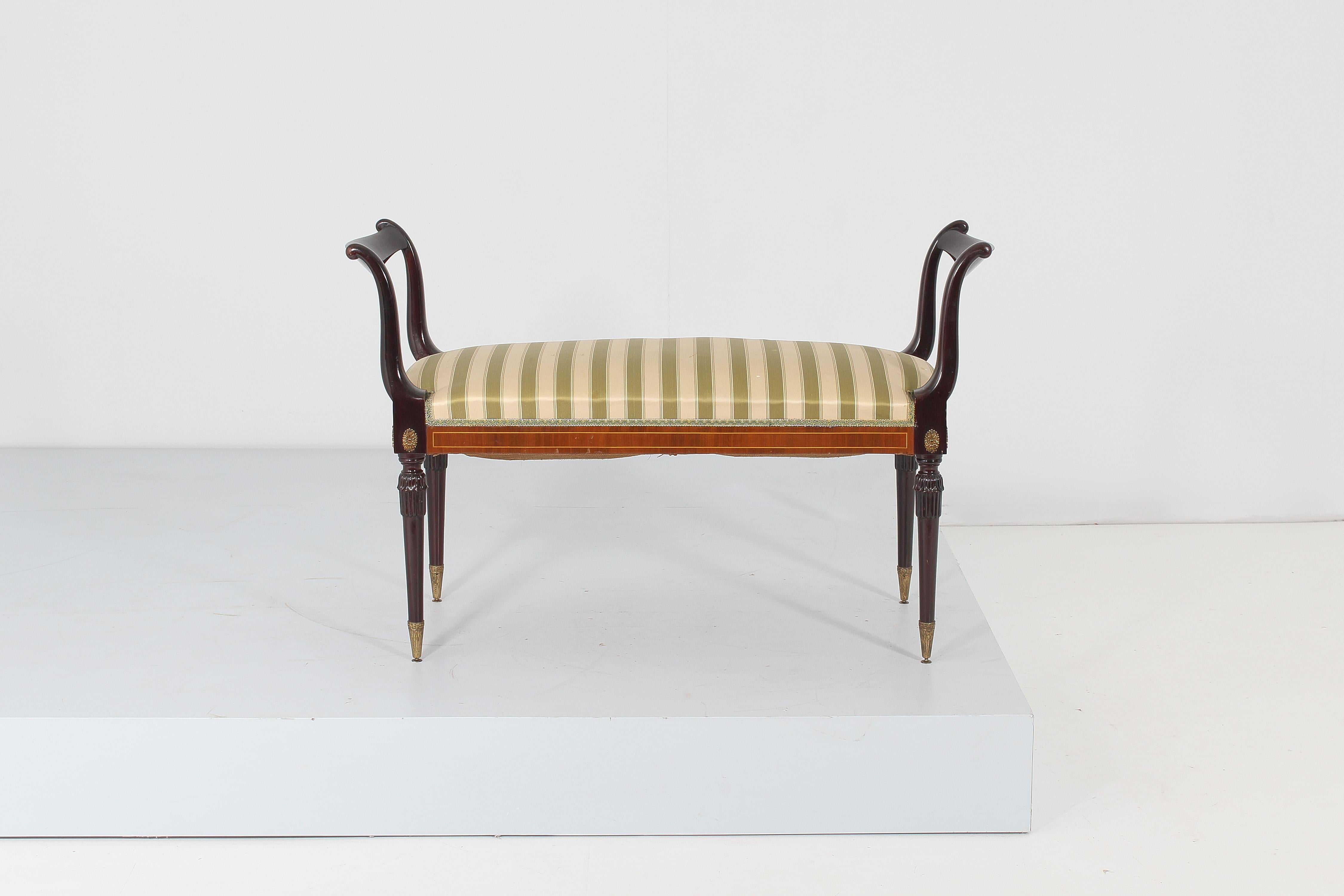 Mid-Century Modern Mid-Century Emilio Lancia Wooden Bench with Striped Fabric , Italy, 1950s For Sale