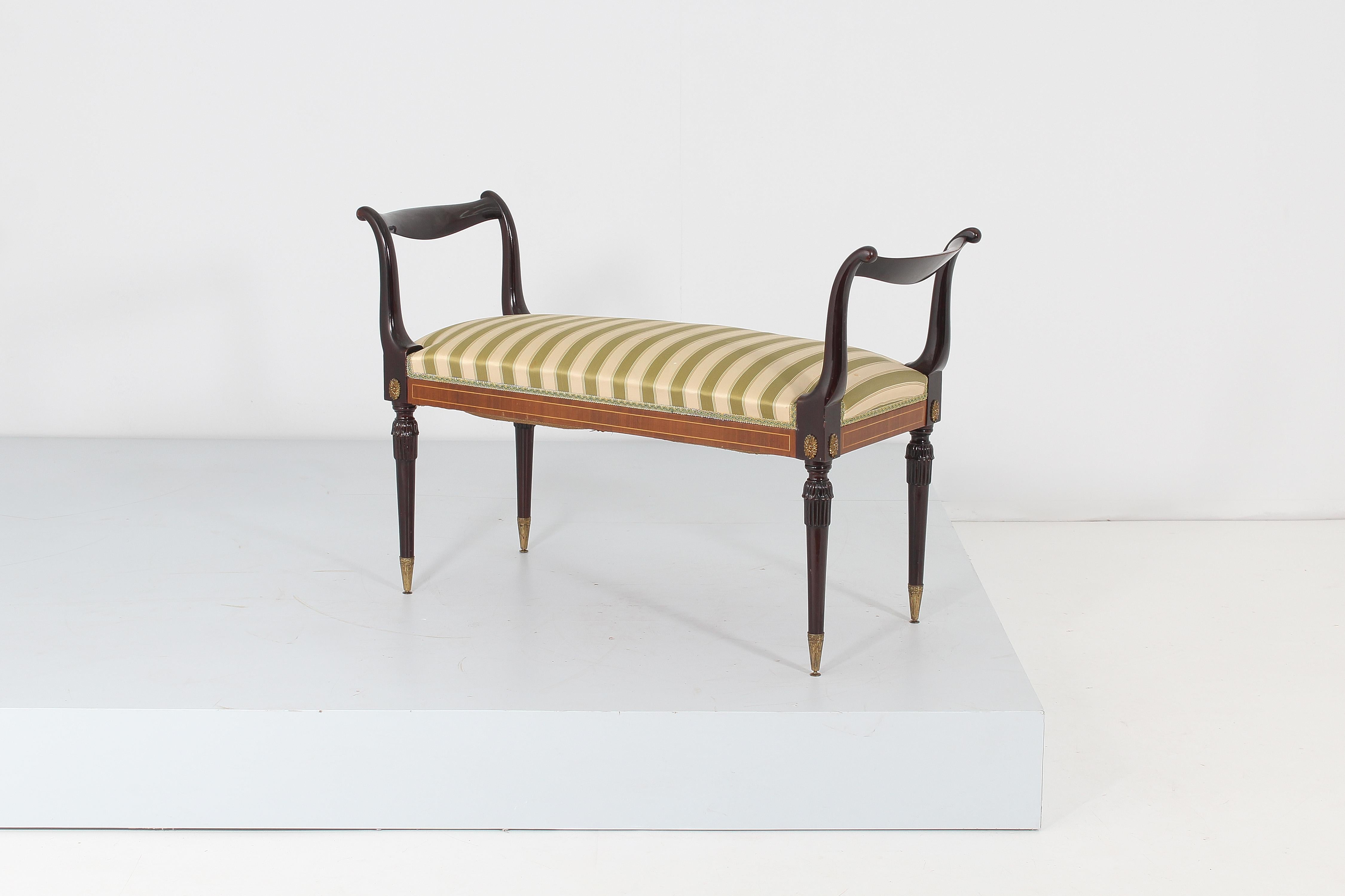 Italian Mid-Century Emilio Lancia Wooden Bench with Striped Fabric , Italy, 1950s For Sale