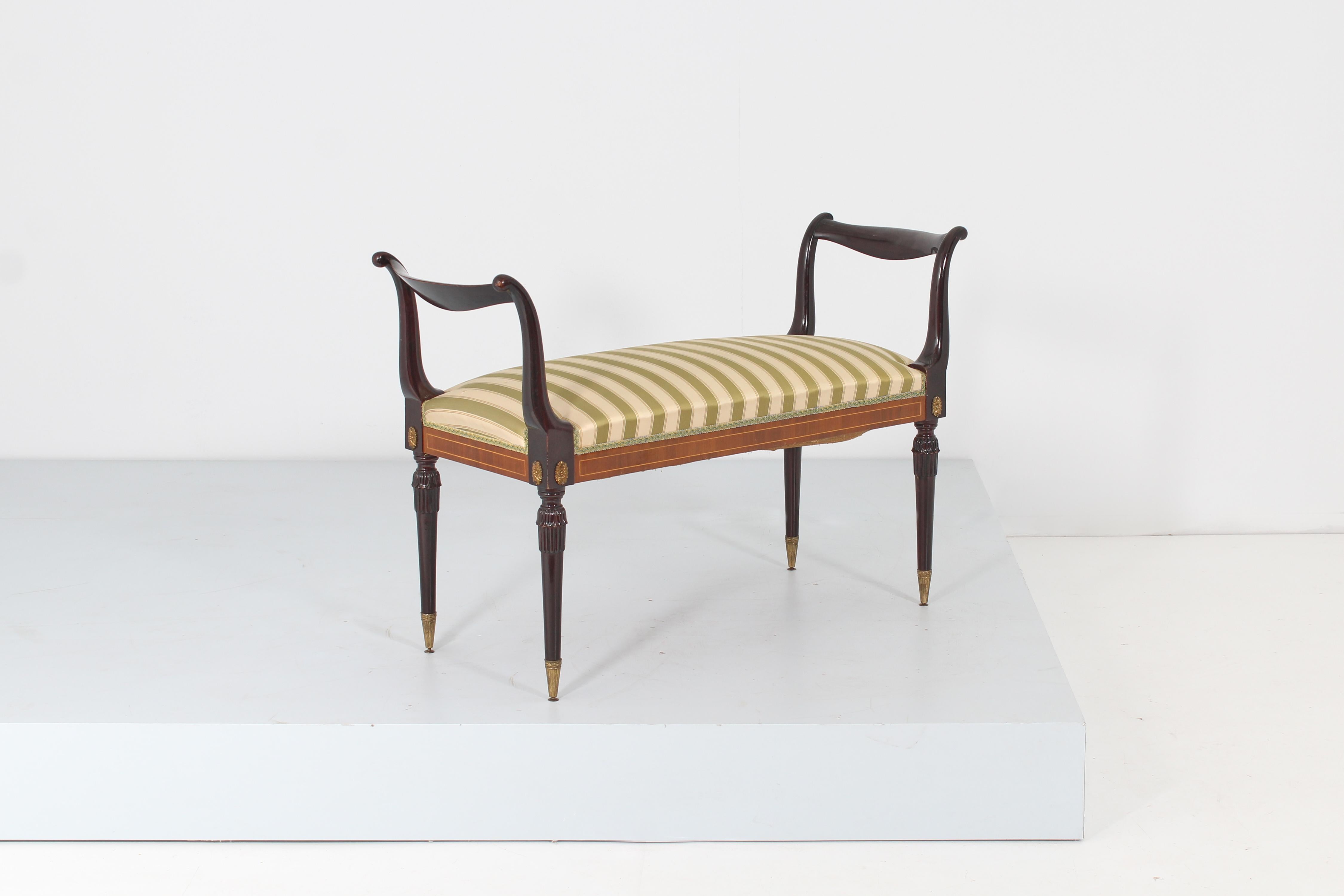 Mid-20th Century Mid-Century Emilio Lancia Wooden Bench with Striped Fabric , Italy, 1950s For Sale