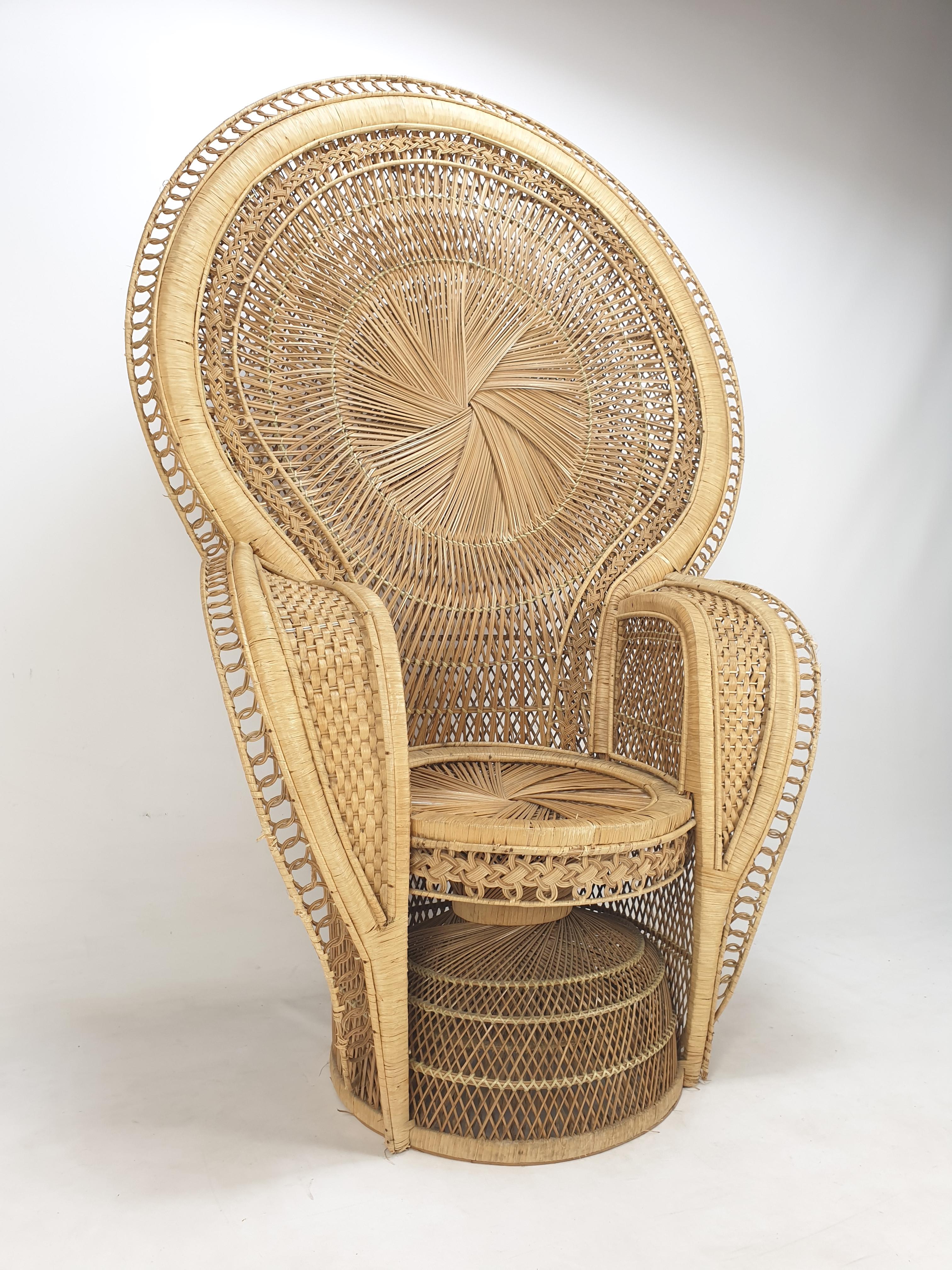 Hand-Crafted Midcentury Emmanuelle or Peacock Rattan and Wicker Chair, Italy 1960s For Sale