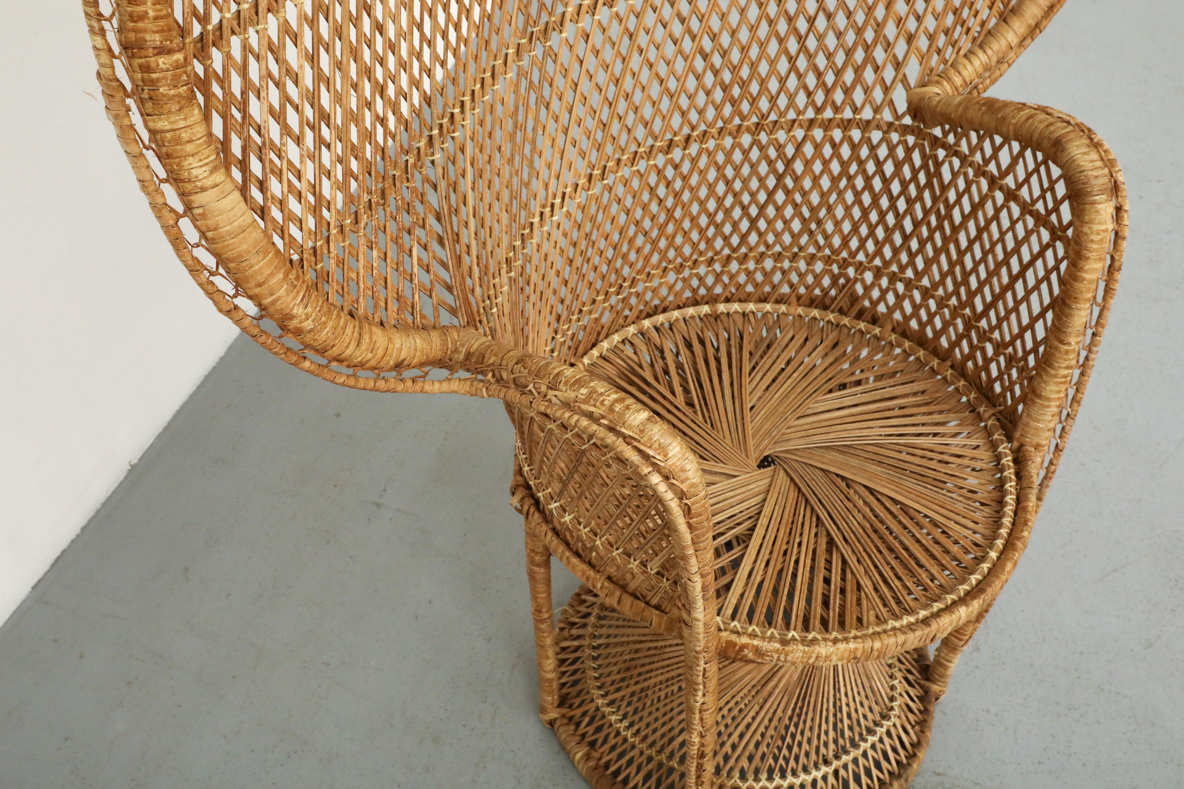 Mid-Century Woven Rattan Peacock High Back Lounge Chair with Armrests For Sale 5