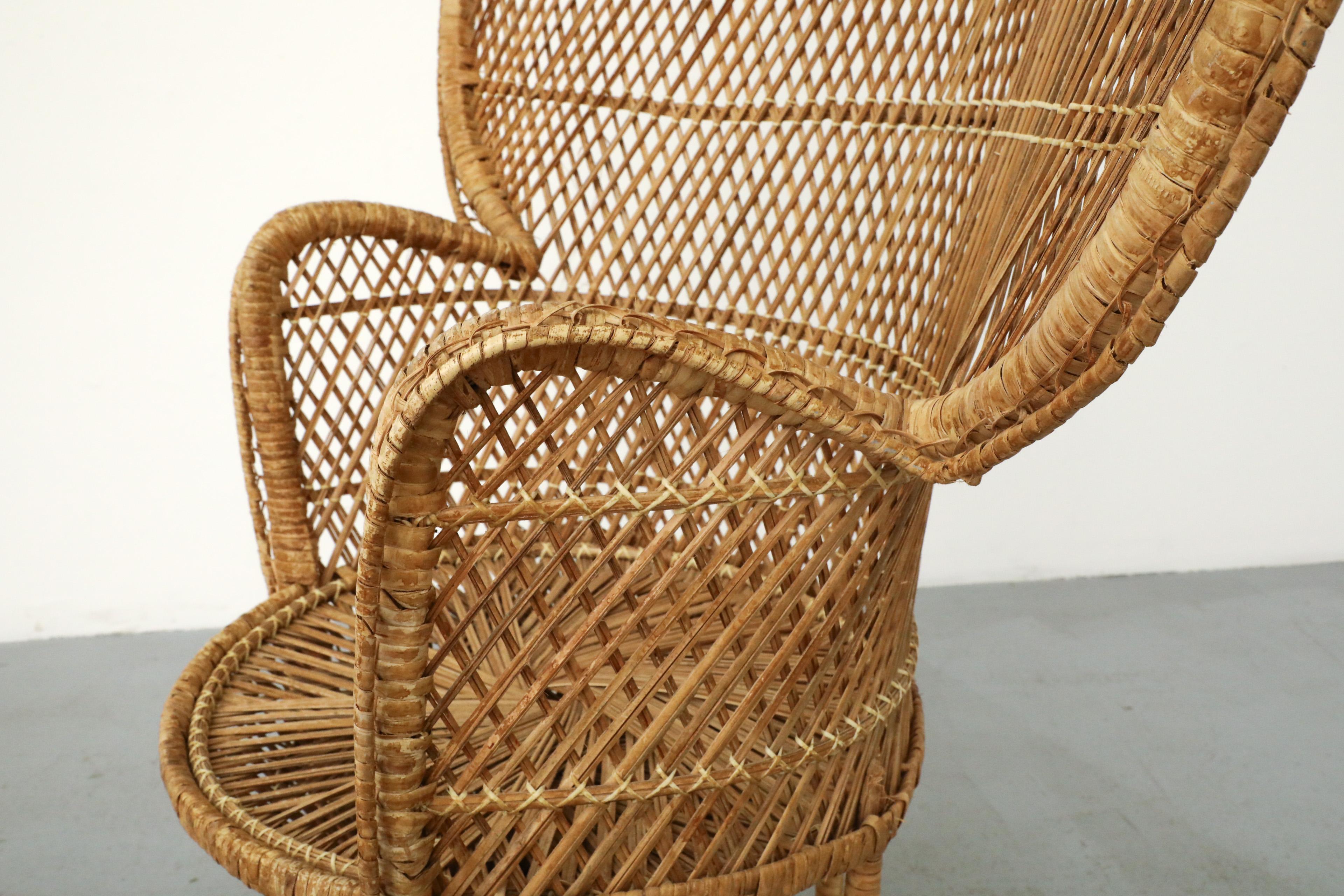 Mid-Century Woven Rattan Peacock High Back Lounge Chair with Armrests For Sale 8