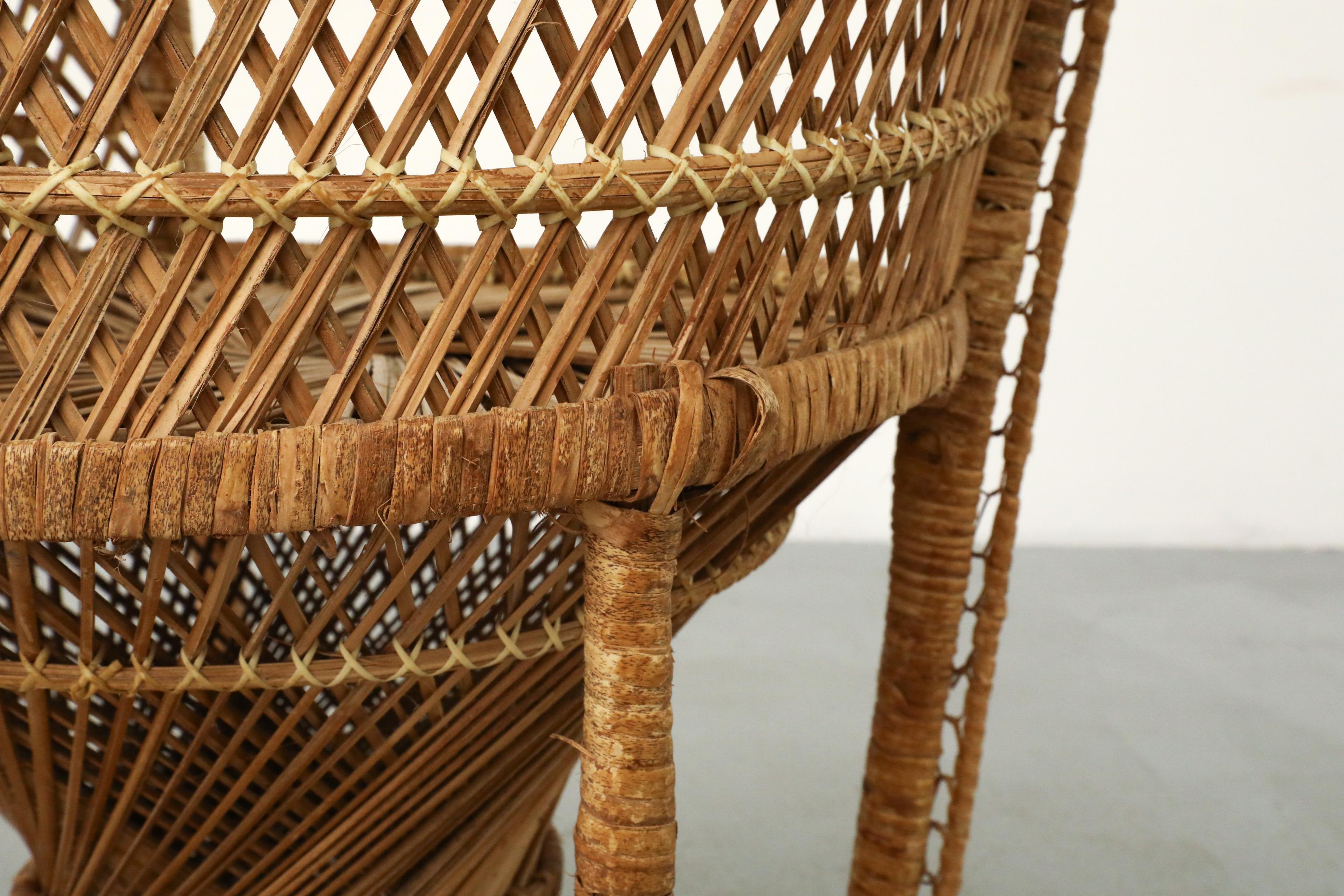 Mid-Century Woven Rattan Peacock High Back Lounge Chair with Armrests For Sale 11