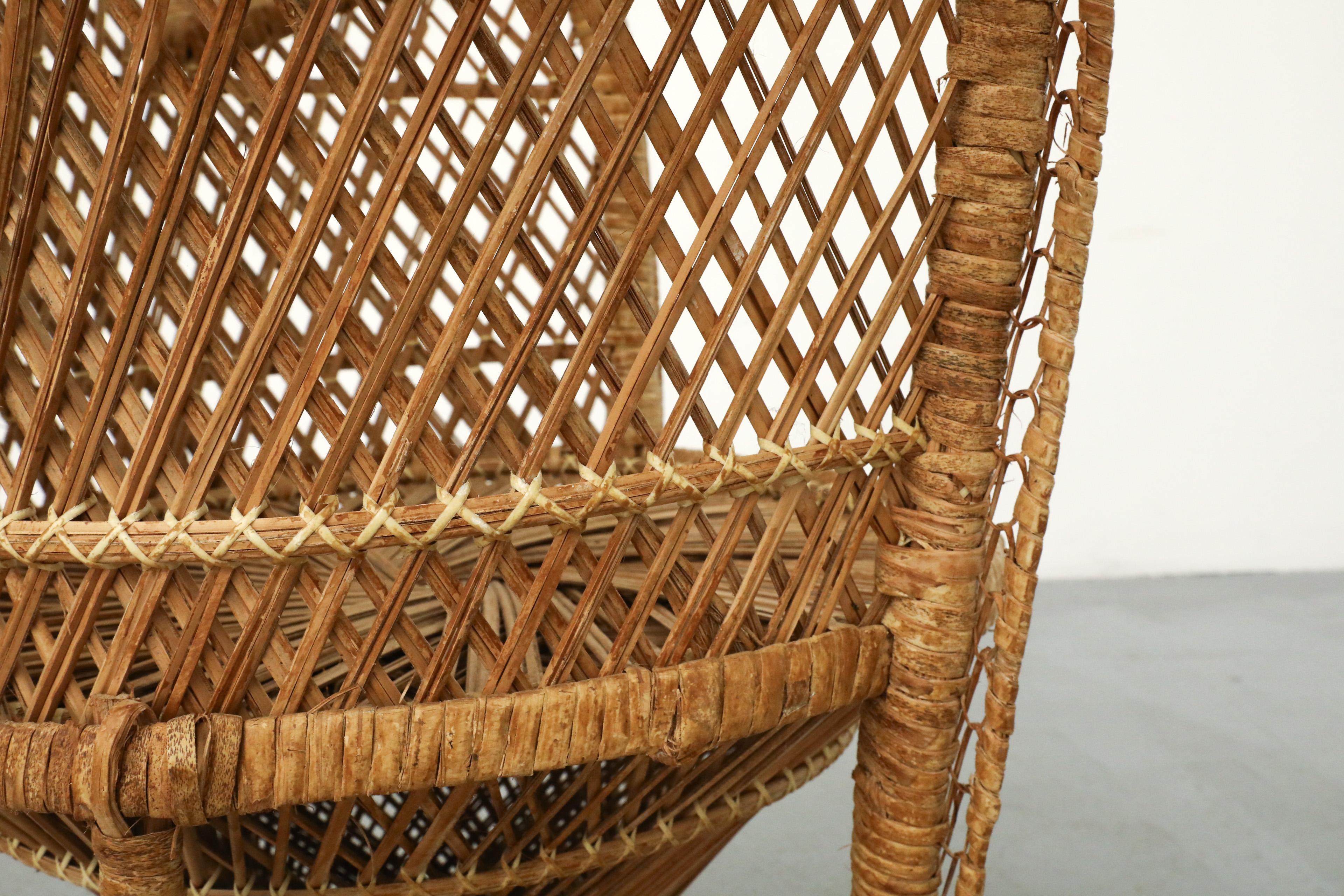 Mid-Century Woven Rattan Peacock High Back Lounge Chair with Armrests For Sale 13