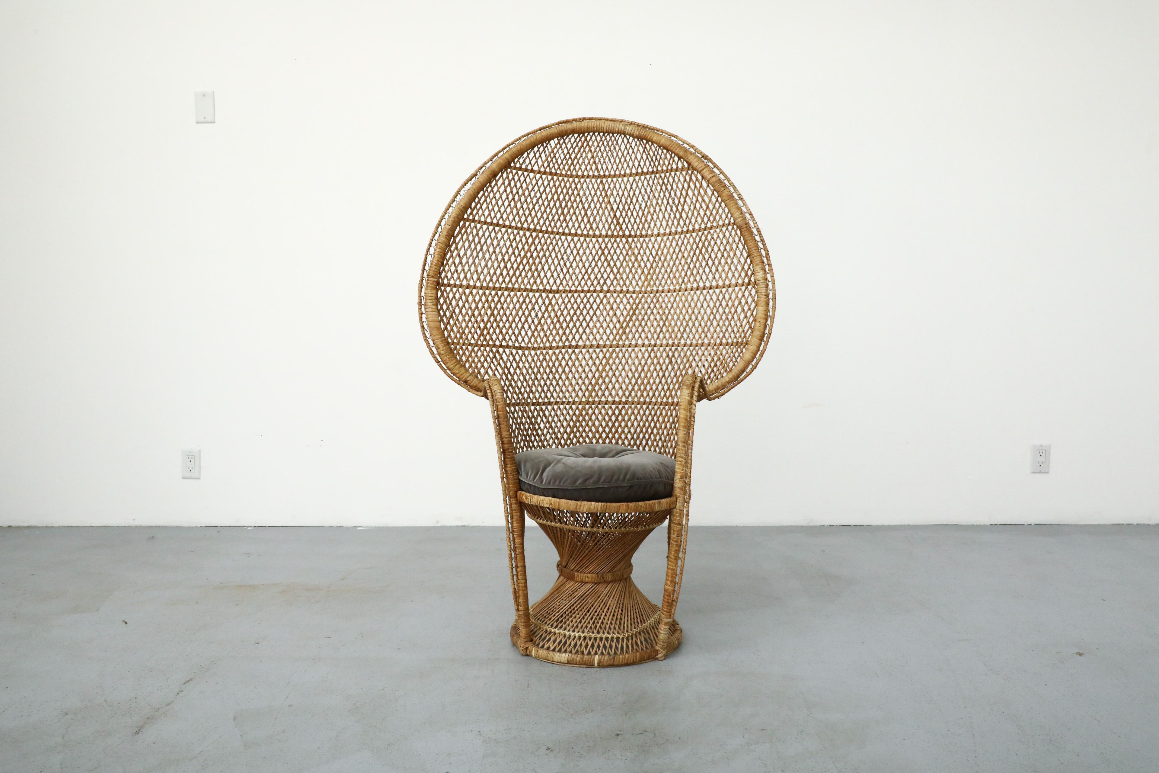 Mid-Century Woven Rattan Peacock High Back Lounge Chair with Armrests For Sale 14