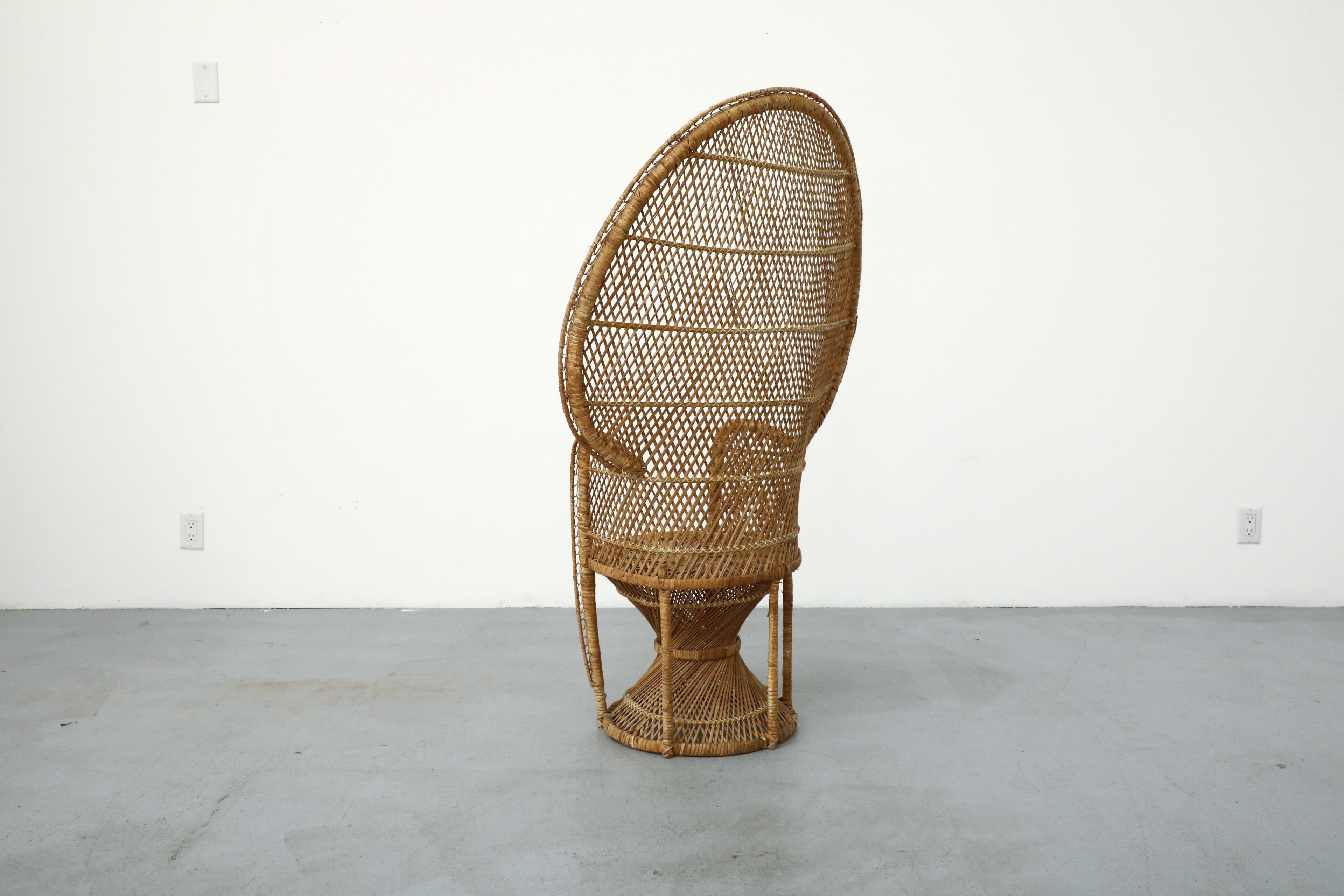 Mid-Century Woven Rattan Peacock High Back Lounge Chair with Armrests In Good Condition For Sale In Los Angeles, CA