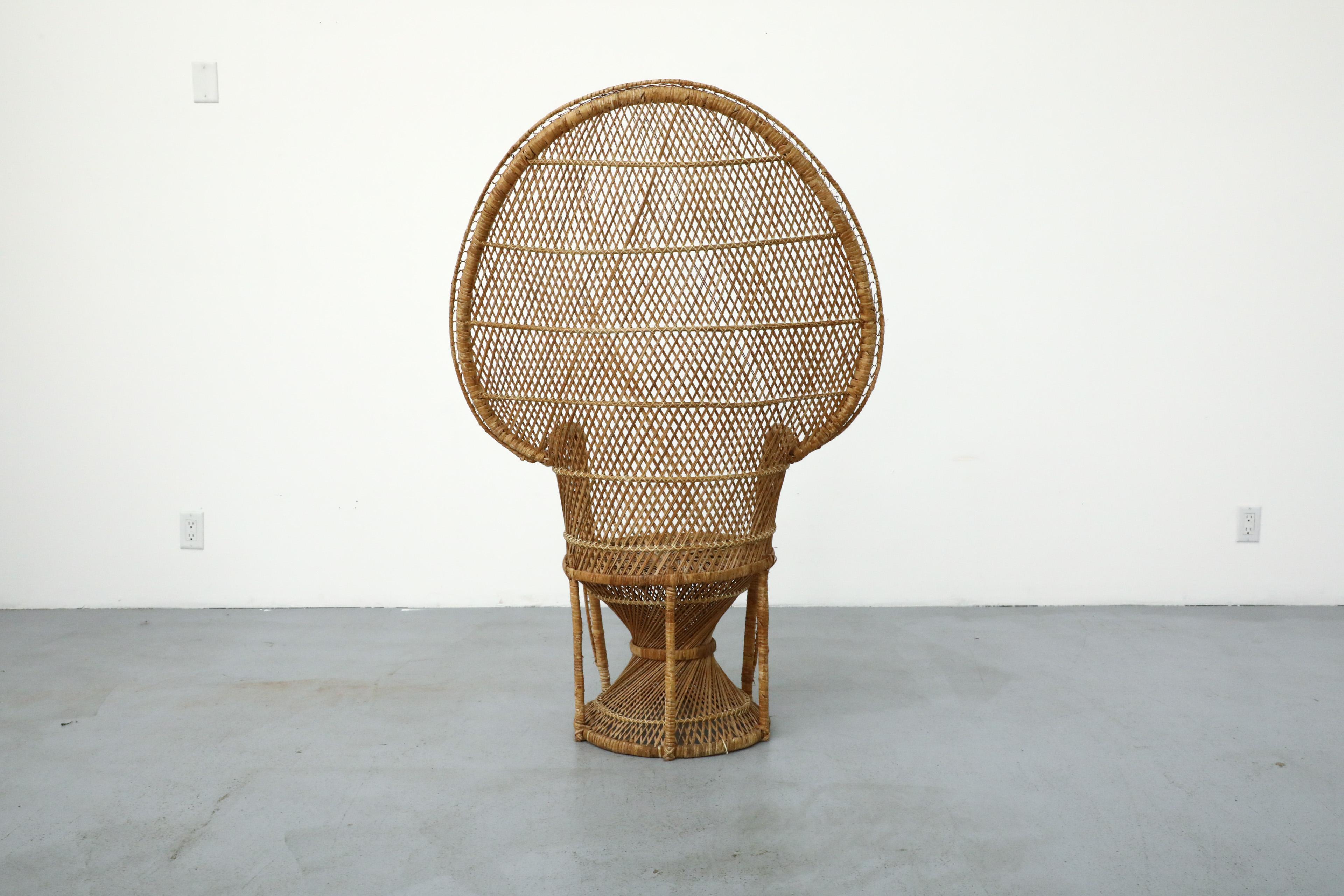 20th Century Mid-Century Woven Rattan Peacock High Back Lounge Chair with Armrests For Sale