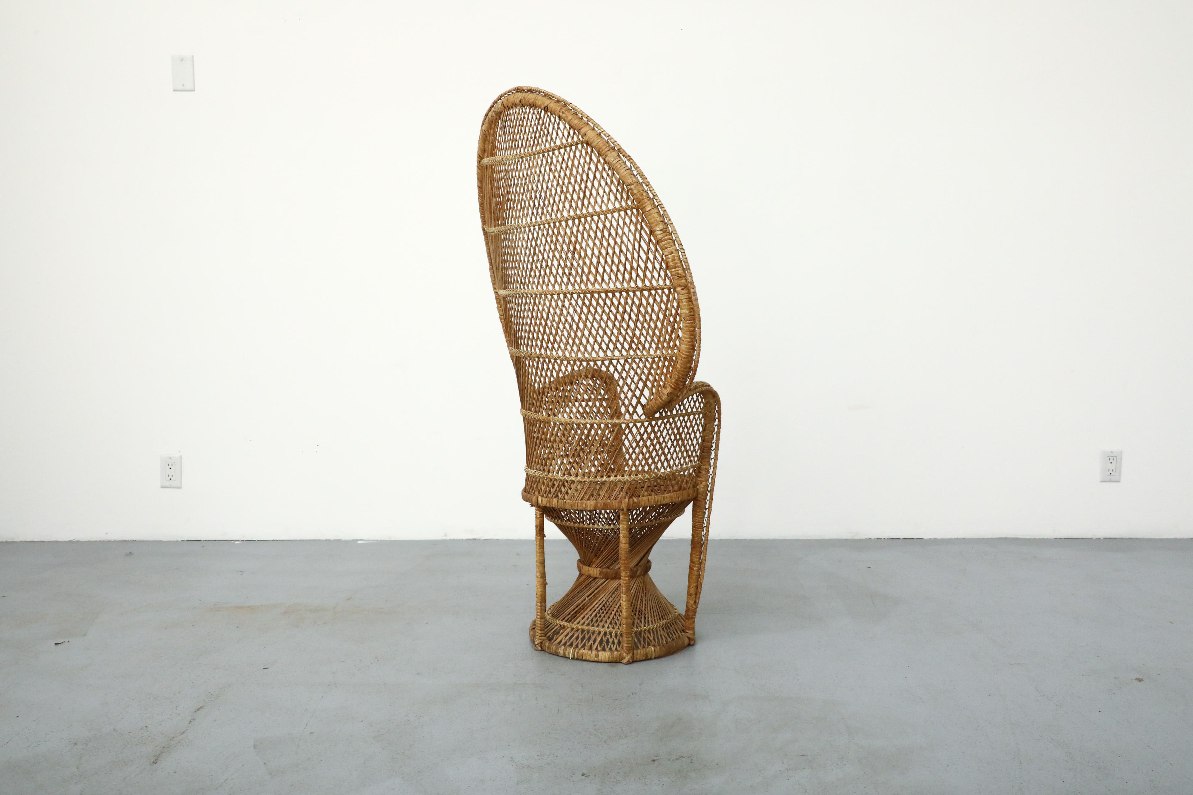 Mid-Century Woven Rattan Peacock High Back Lounge Chair with Armrests For Sale 1
