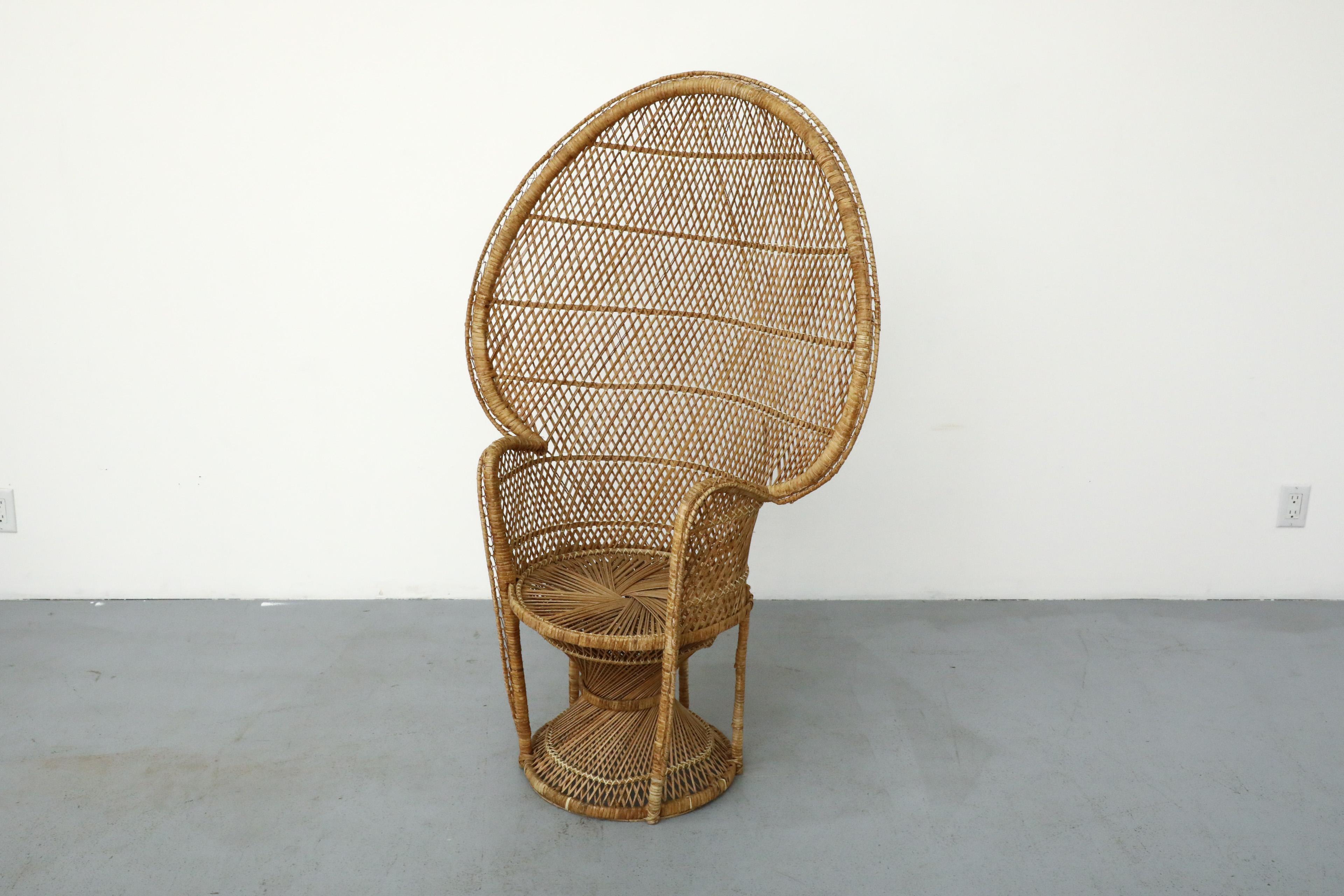 Mid-Century Woven Rattan Peacock High Back Lounge Chair with Armrests For Sale 2