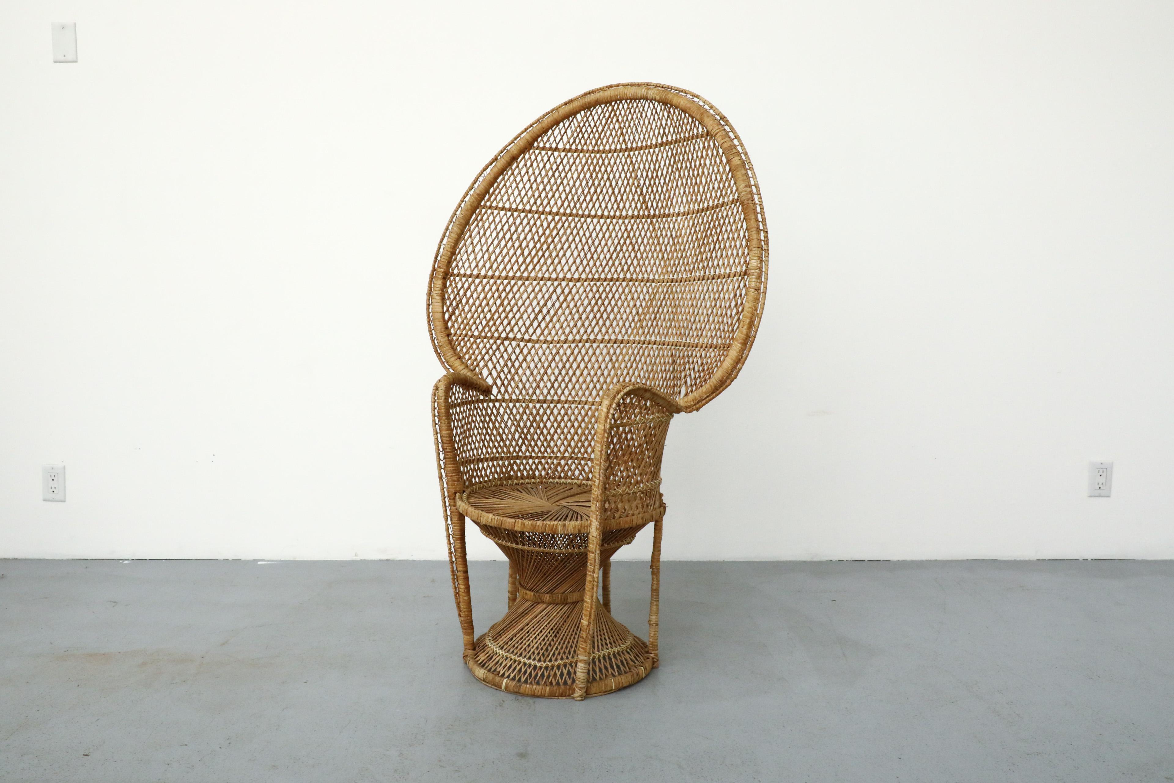 Mid-Century Woven Rattan Peacock High Back Lounge Chair with Armrests For Sale 3