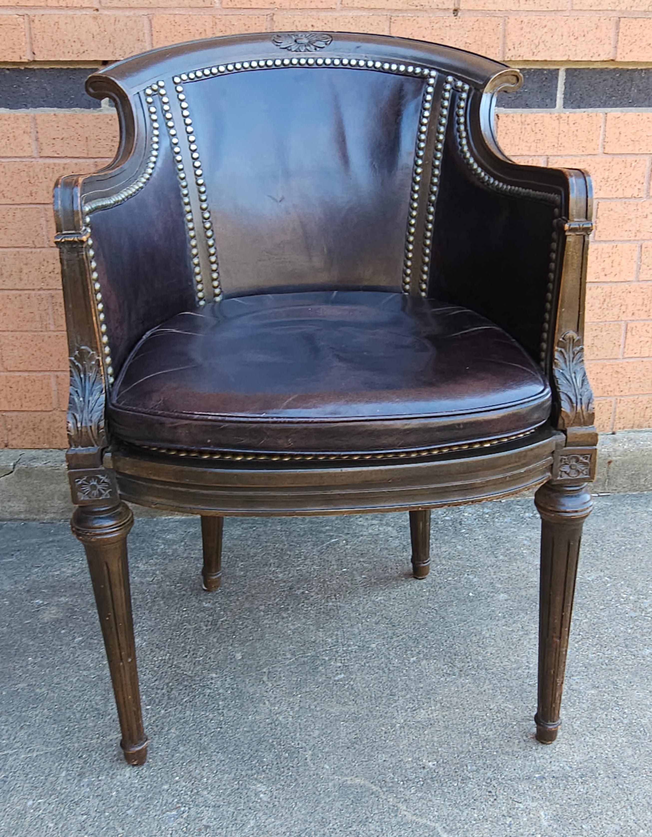 American Mid Century Empire Leather Upholstered and Nailhead Studded Mahogany Arm Chair For Sale