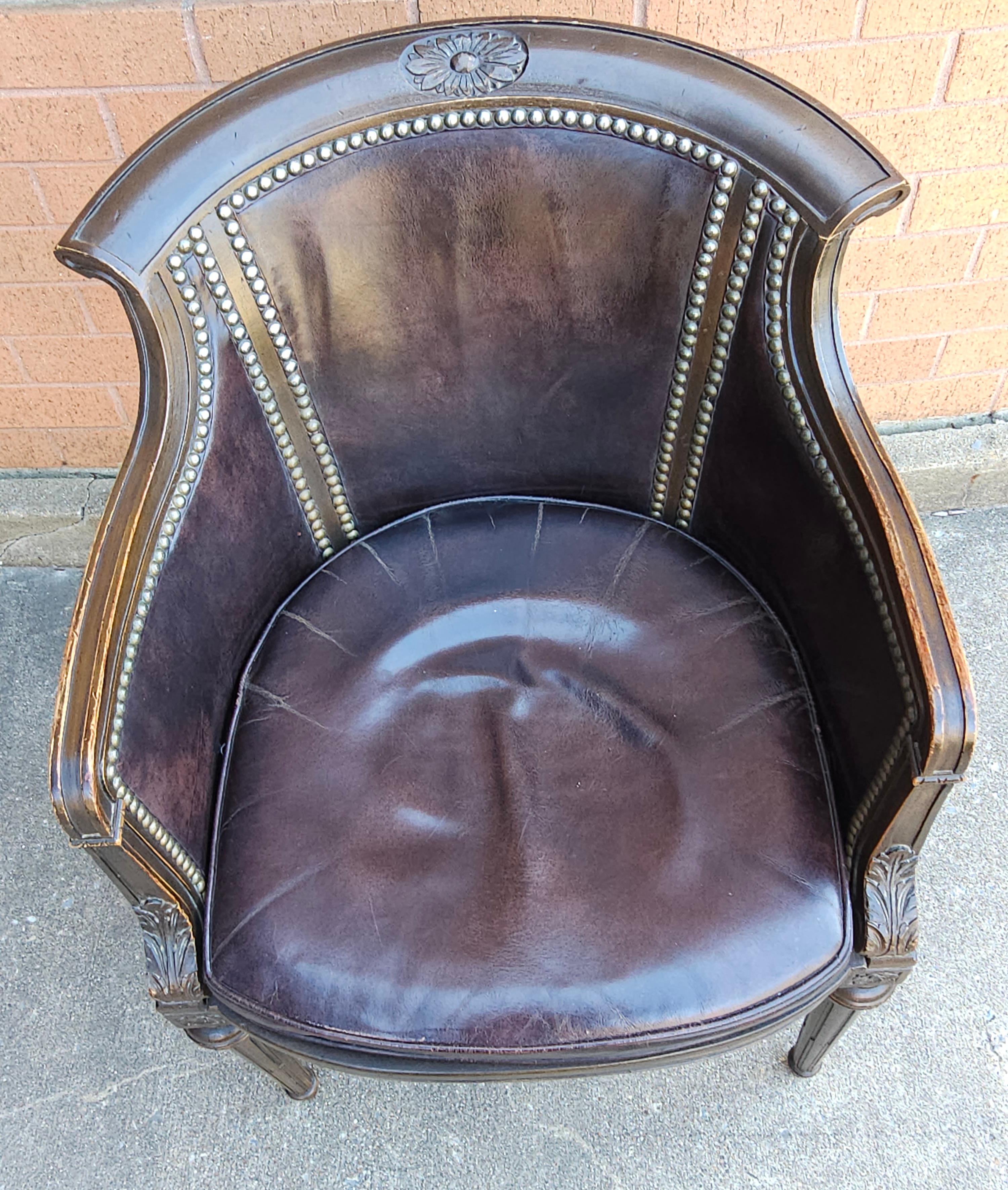 Other Mid Century Empire Leather Upholstered and Nailhead Studded Mahogany Arm Chair For Sale