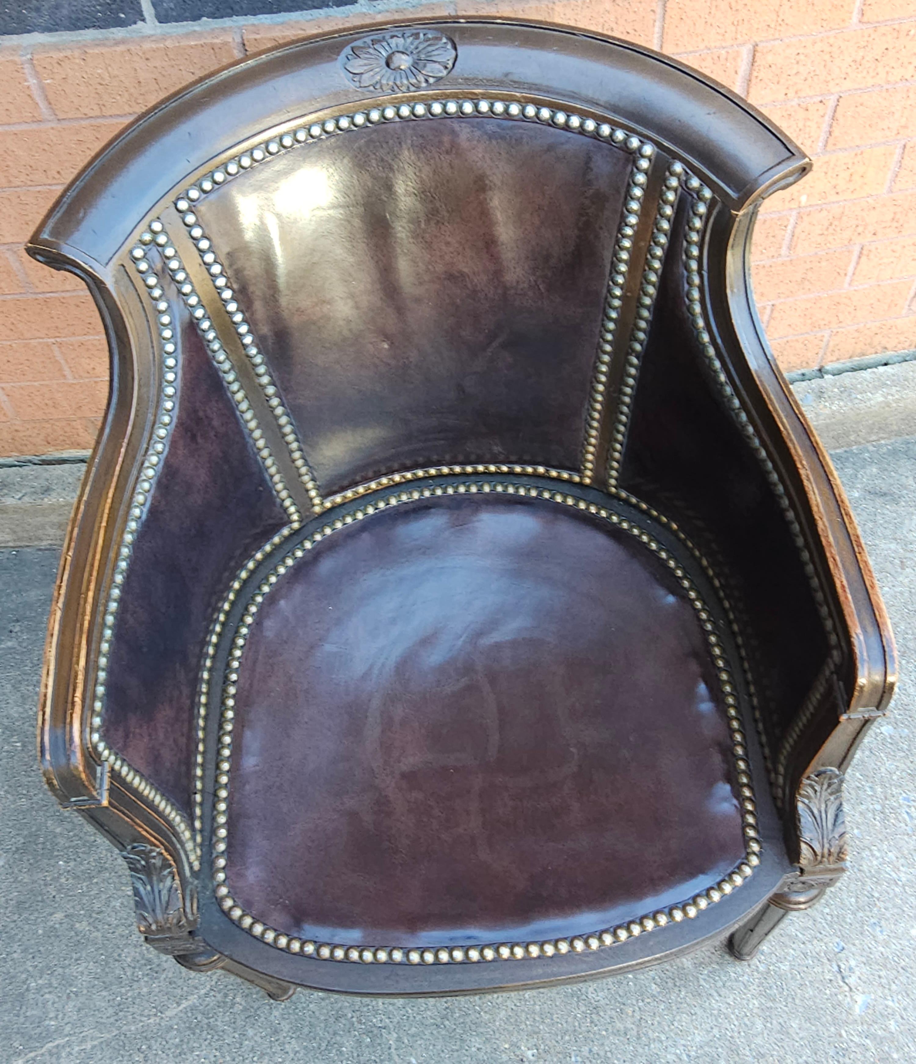 Mid-20th Century Mid Century Empire Leather Upholstered and Nailhead Studded Mahogany Arm Chair For Sale