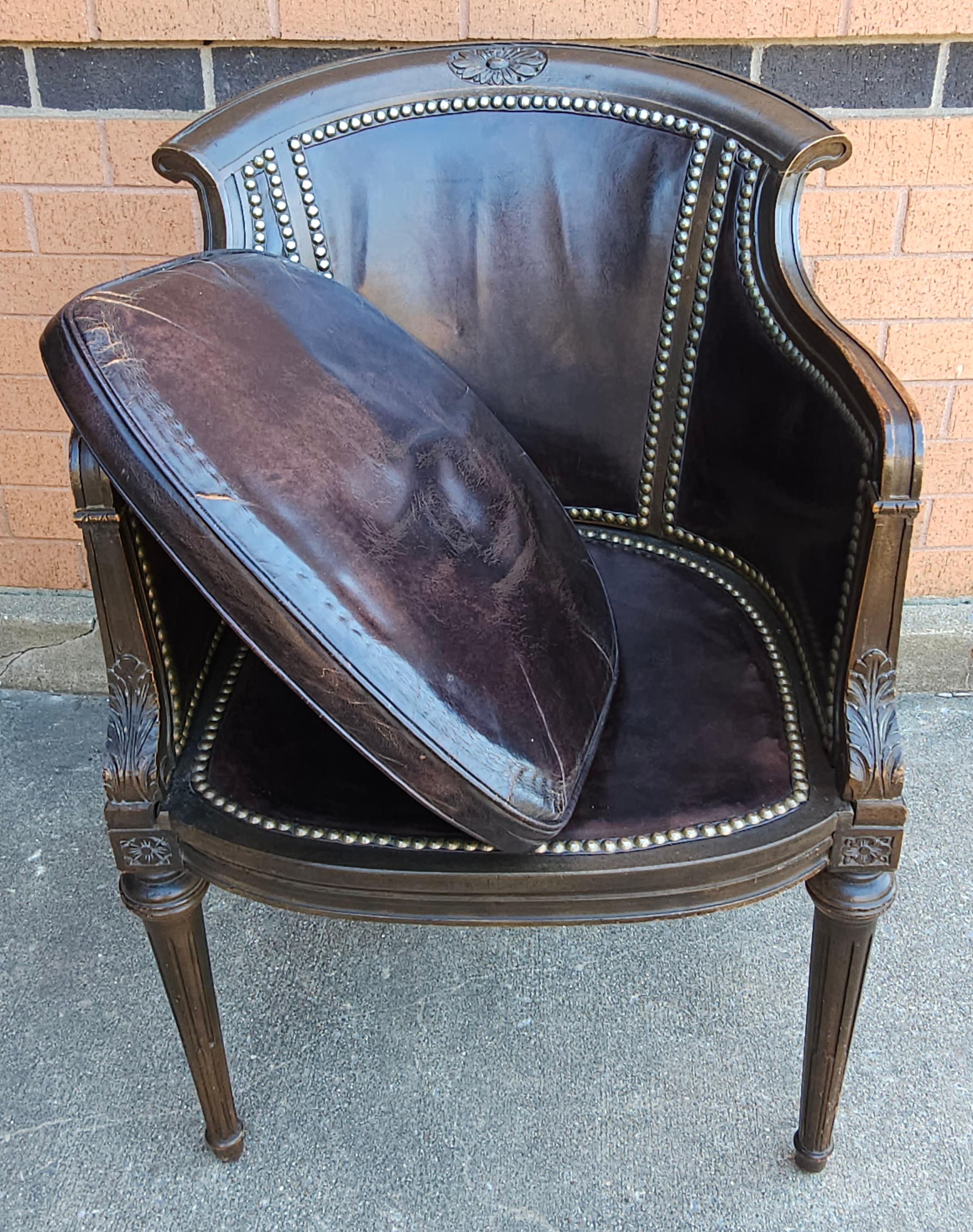 Mid Century Empire Leather Upholstered and Nailhead Studded Mahogany Arm Chair For Sale 2