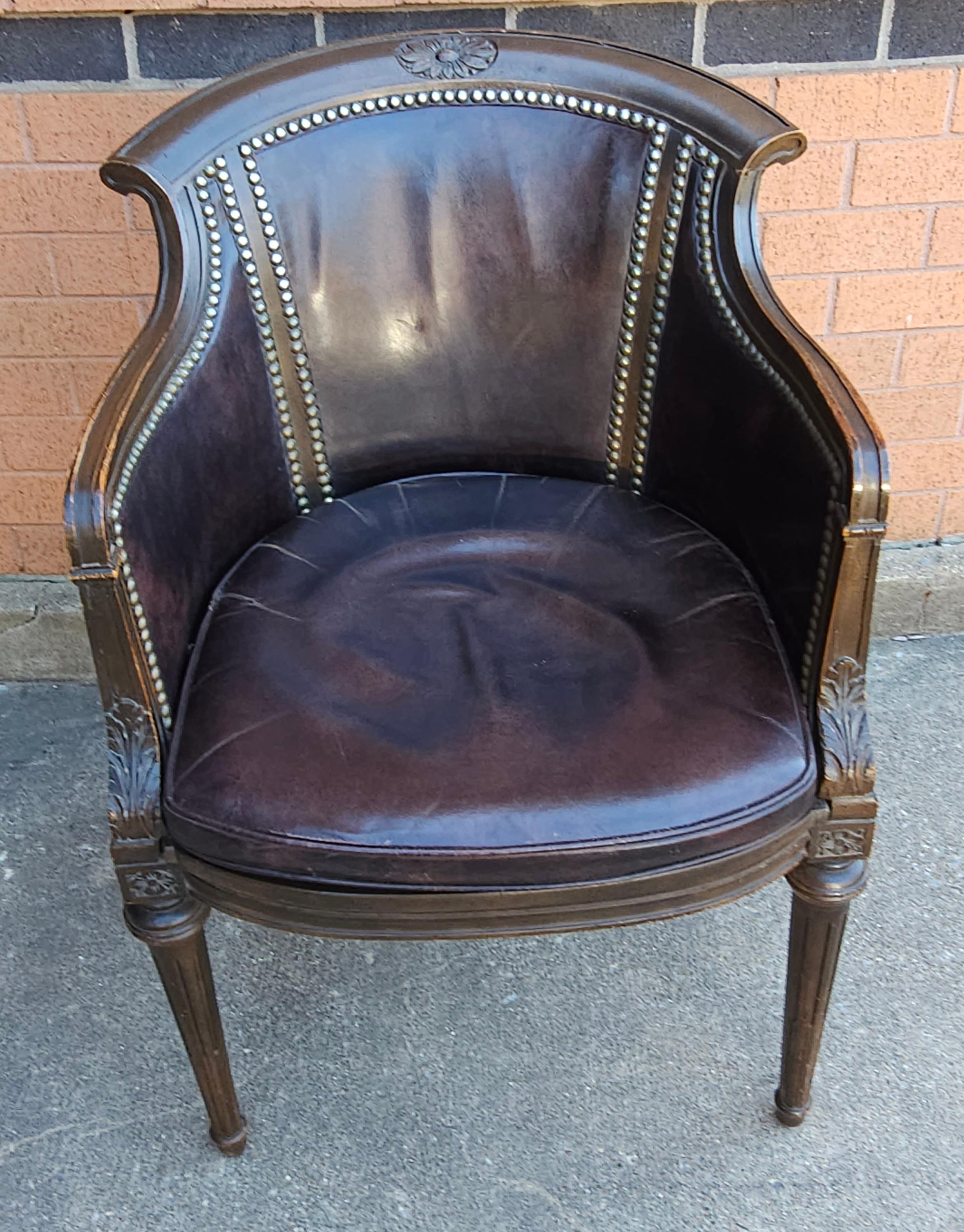 Mid Century Empire Leather Upholstered and Nailhead Studded Mahogany Arm Chair For Sale 3