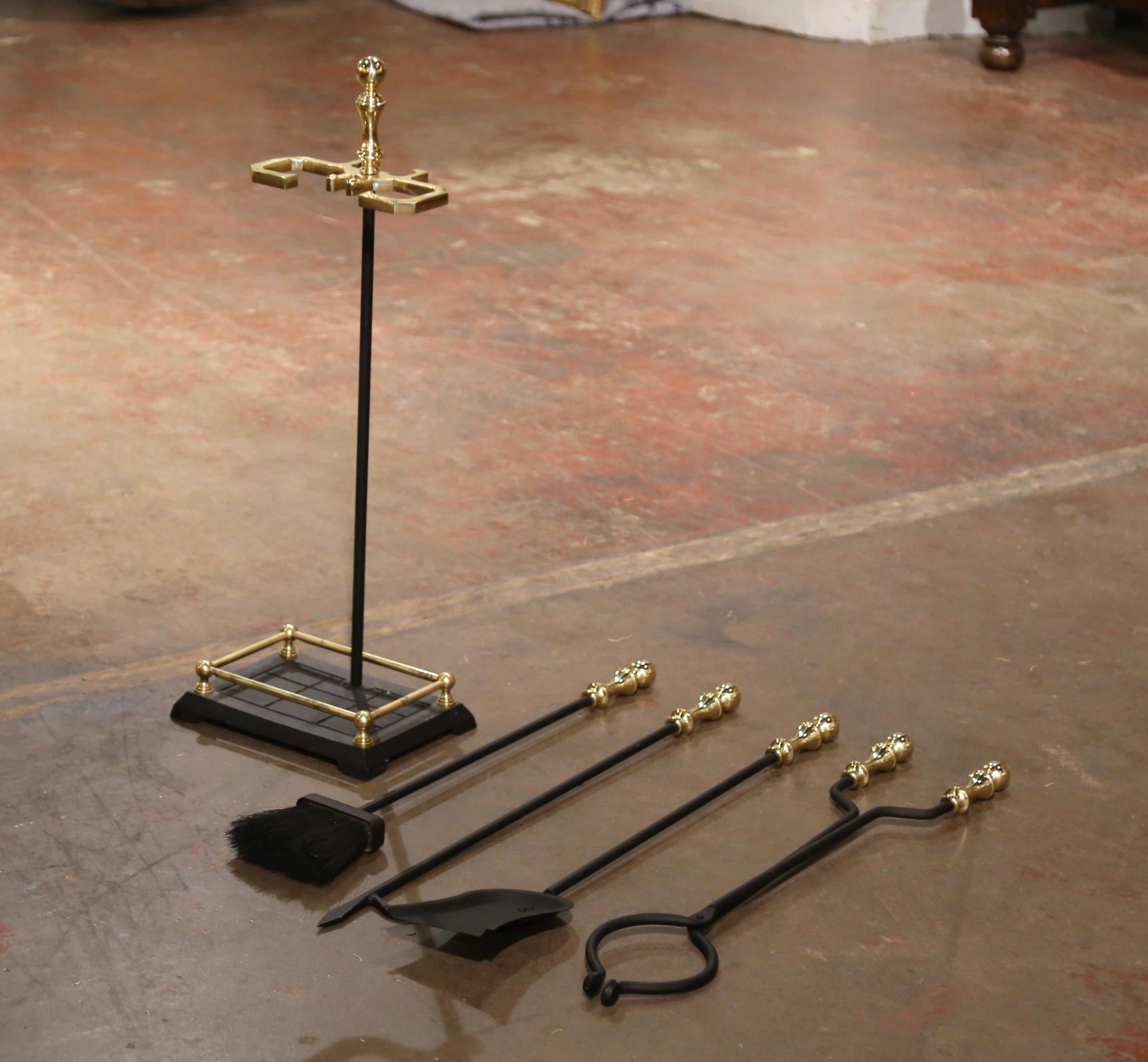20th Century Mid-Century Empire Style Bronze and Iron Fireplace Four-Piece Tool Set on Stand For Sale