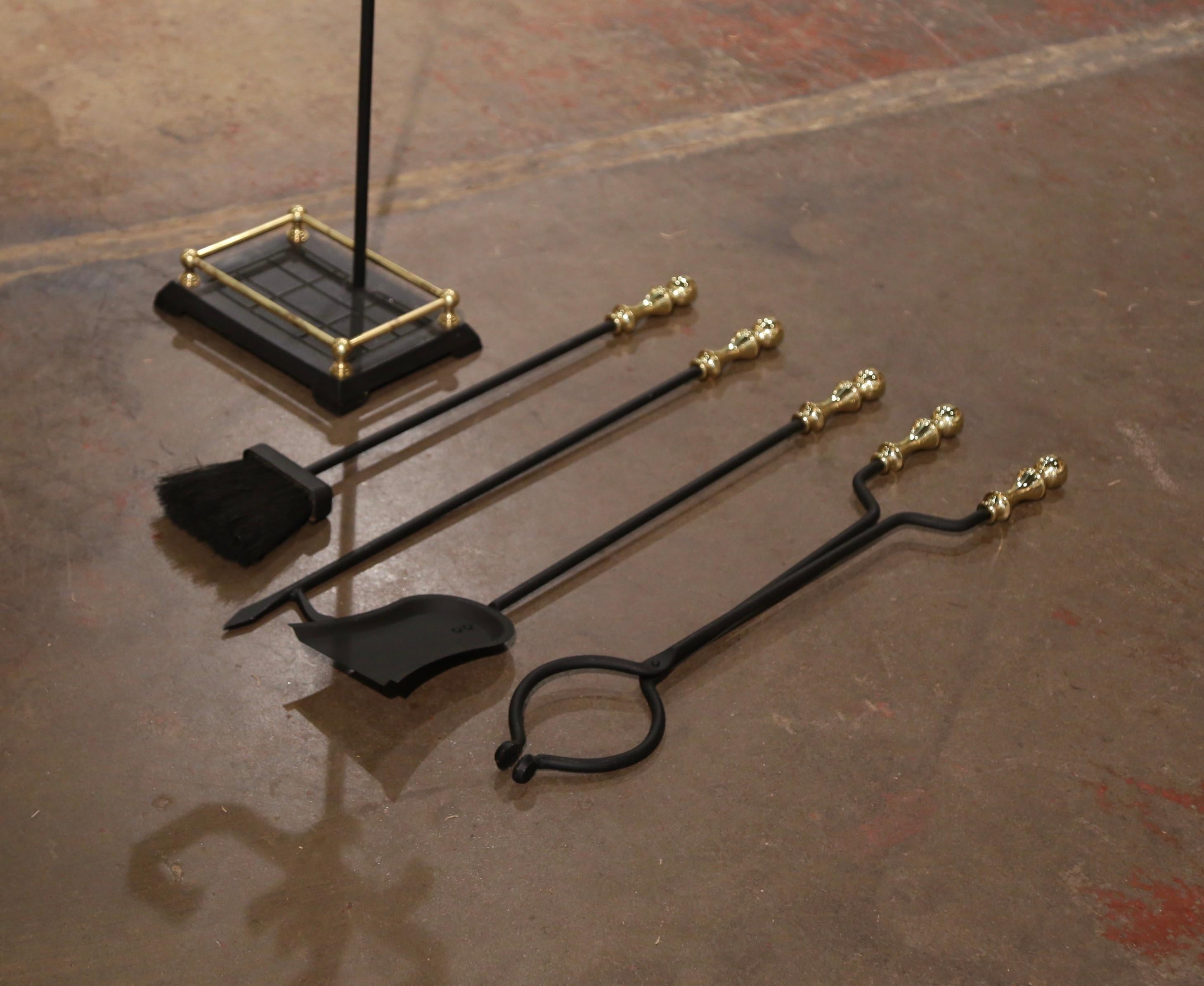 Mid-Century Empire Style Bronze and Iron Fireplace Four-Piece Tool Set on Stand For Sale 1