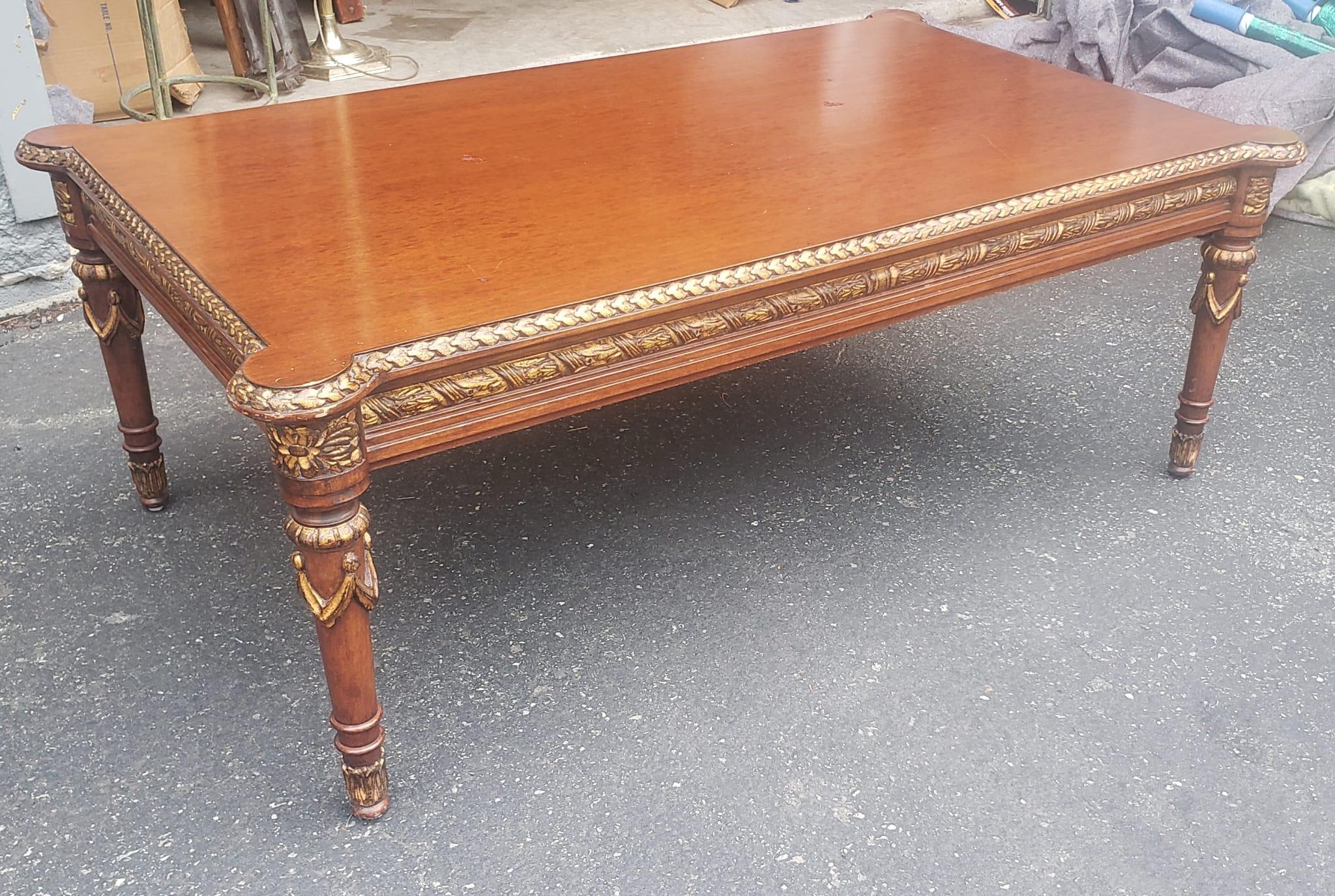 An impressive mid-century Empire Style parcel gilt and carved Mahogany coffee / cocktail Table.
Measures 46