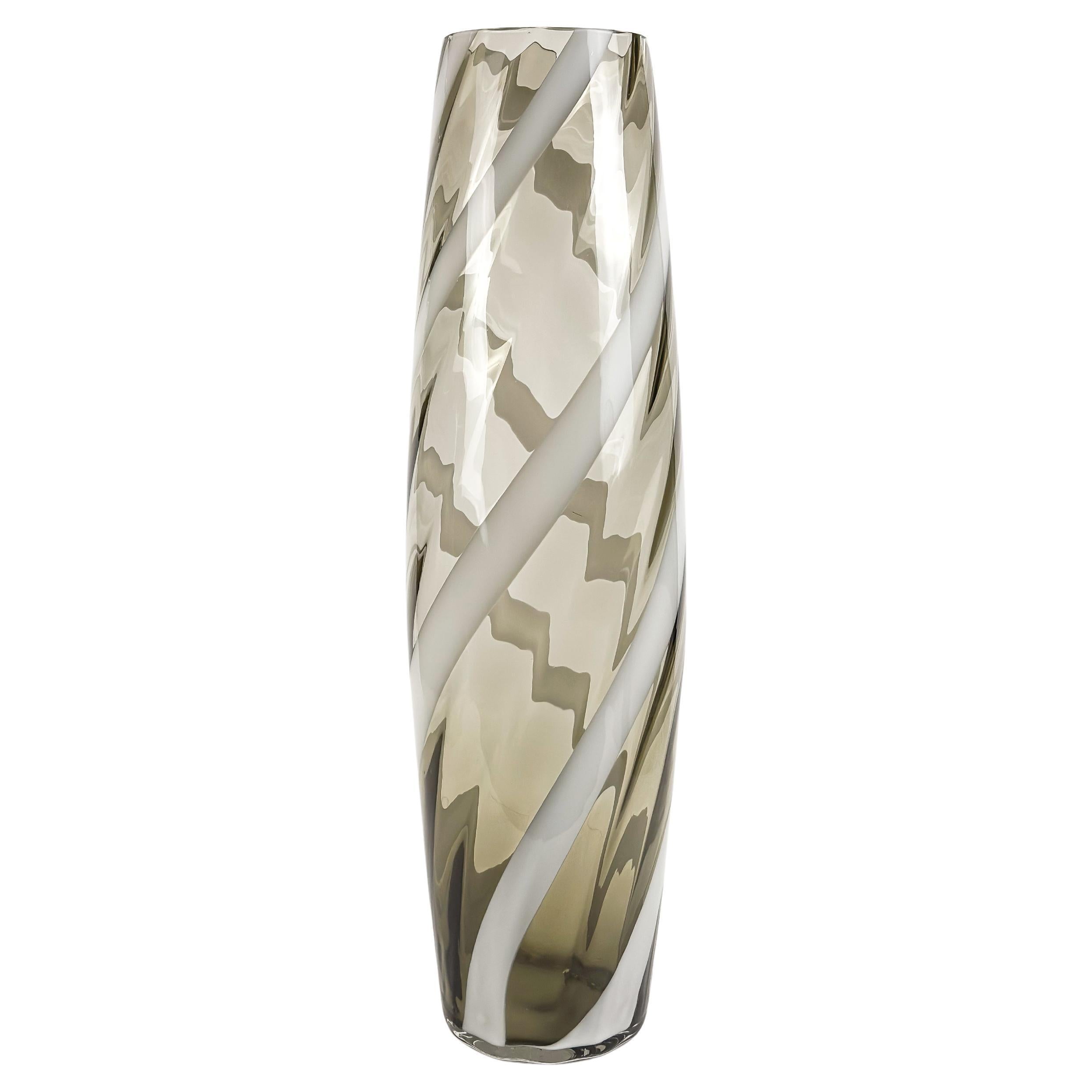 Mid-Century Empoli Floor Vase in Smoked and White Striped Glass, Italy, 1960s