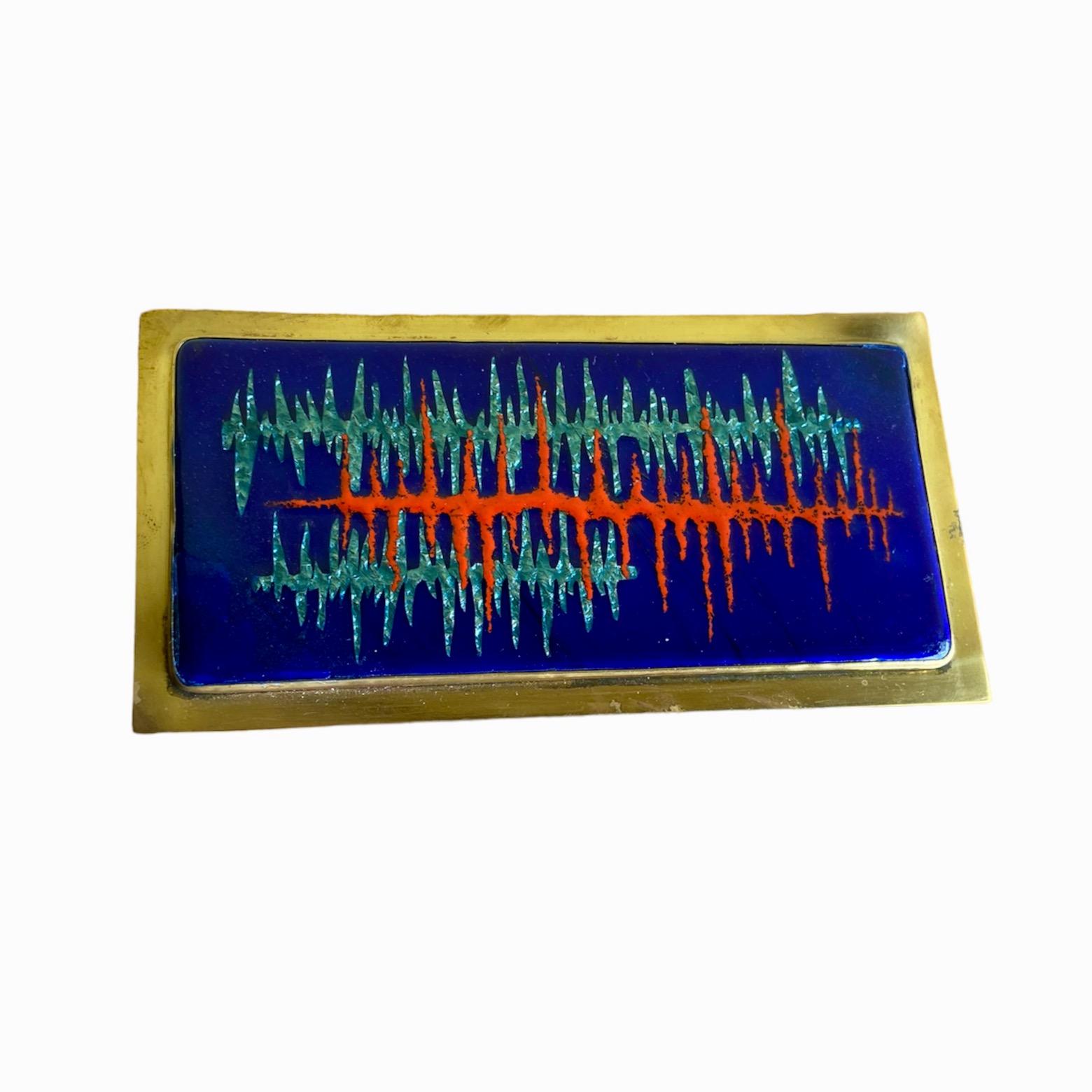 Mid century colourful hinged box, enamel on brass For Sale 2
