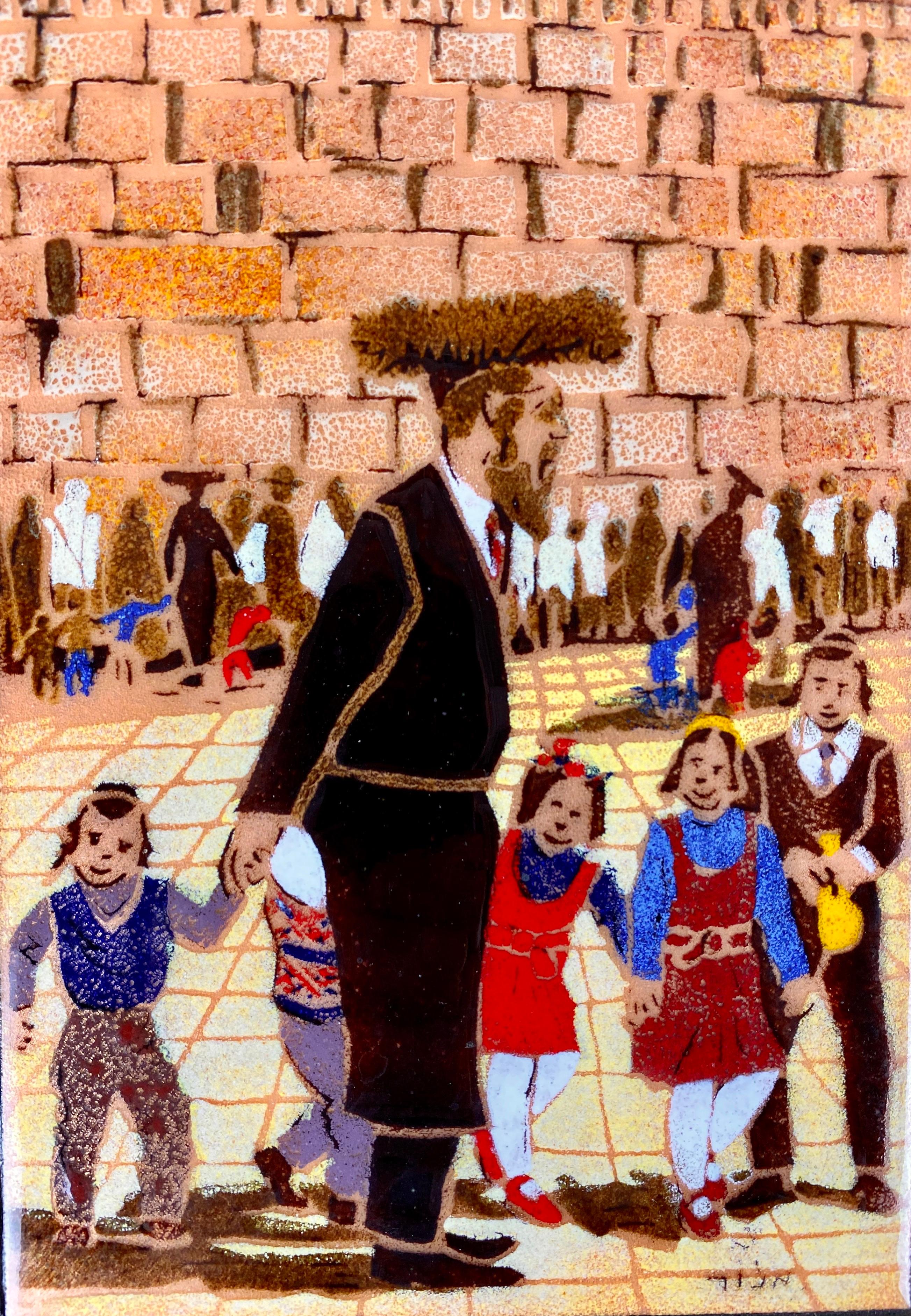 Out of the ordinary mid century enamel painting from a jewish artist. This unusual painting depicts a man with five children passing by the famous wailing wall in Jerusalem. A very expressive and also extraordinary work artfully painted by the