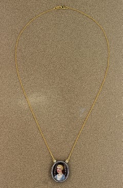 Midcentury Enamel Portrait Diamond Gold Necklace