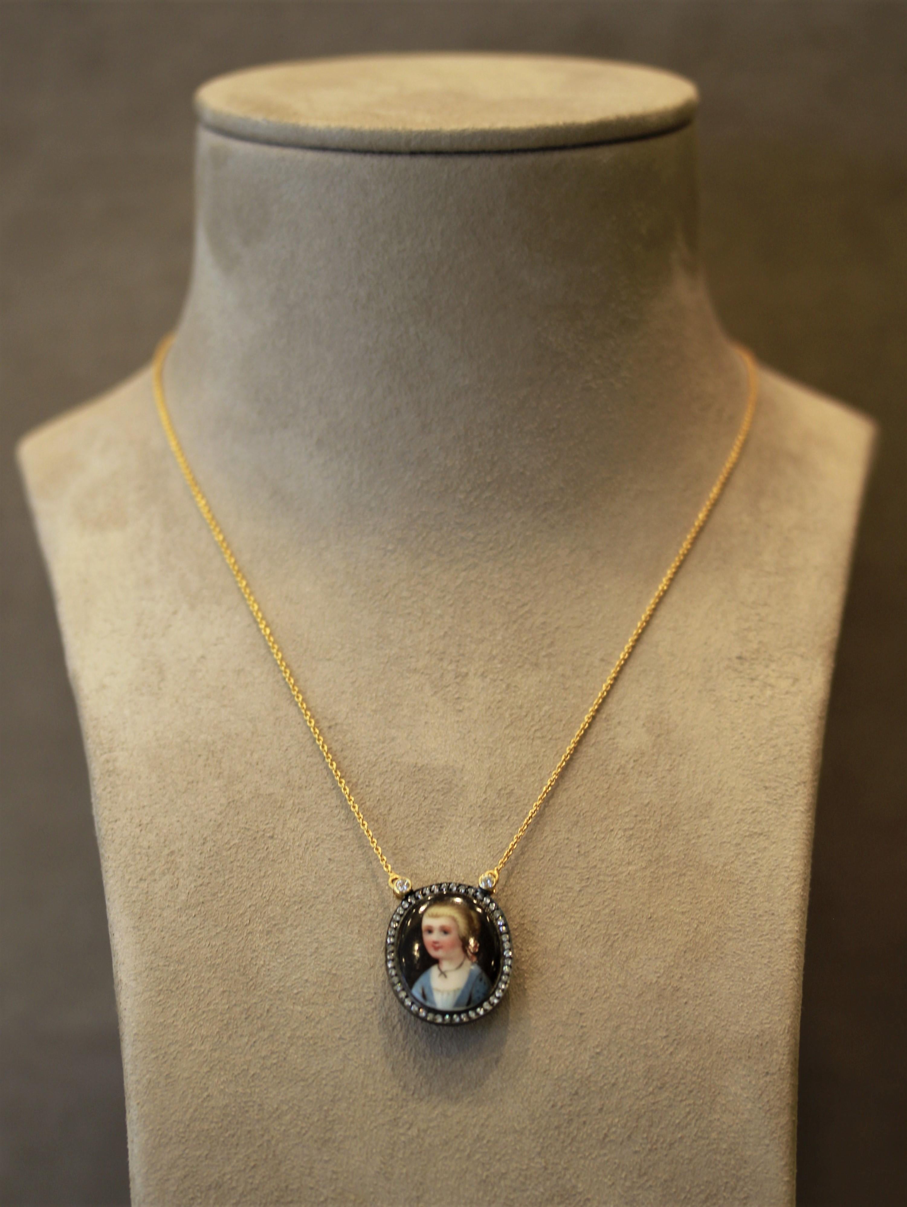 Women's Midcentury Enamel Portrait Diamond Gold Necklace For Sale