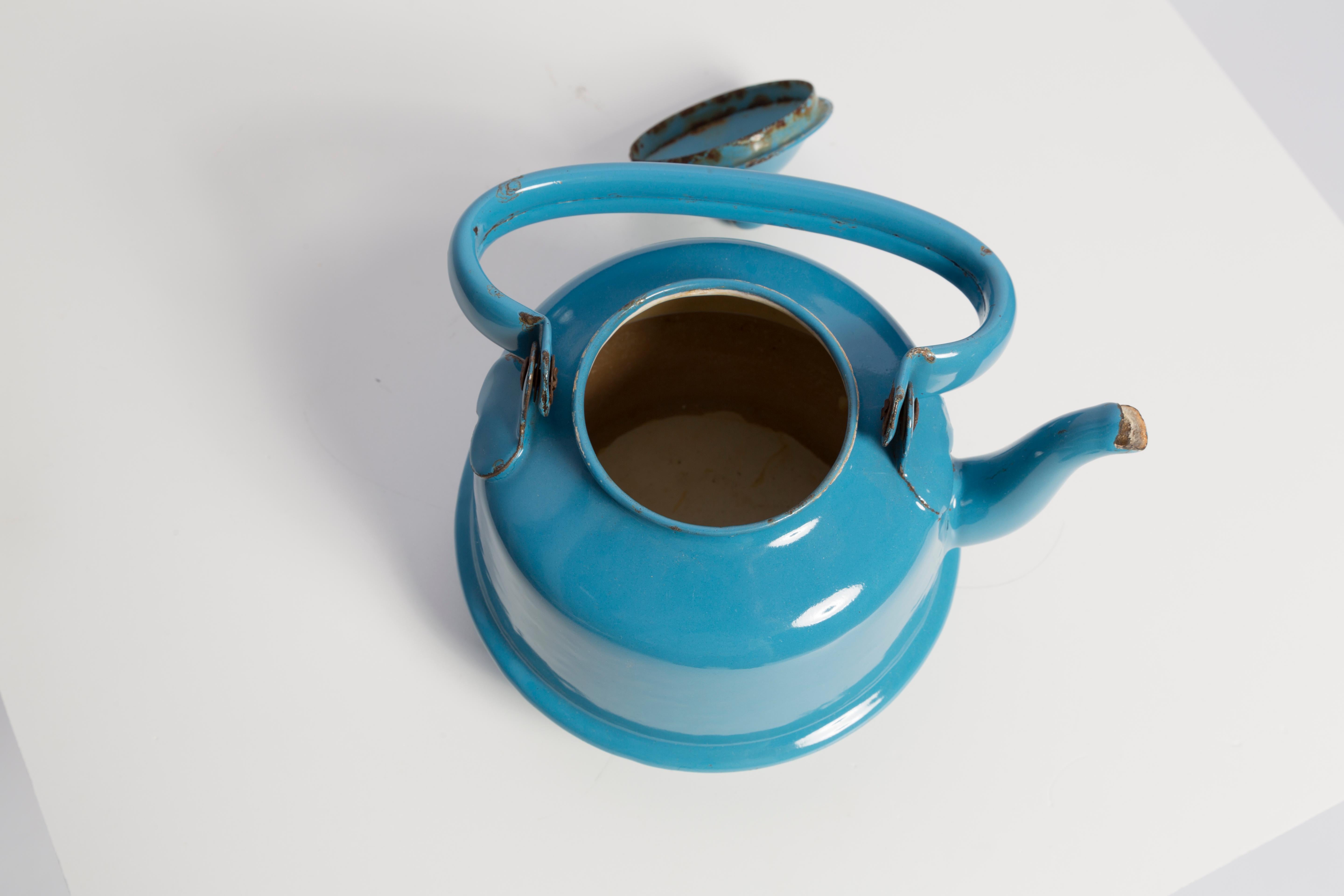 Mid-Century Enamel Tea Pot Blue Kettle, Europe, 1960s 3