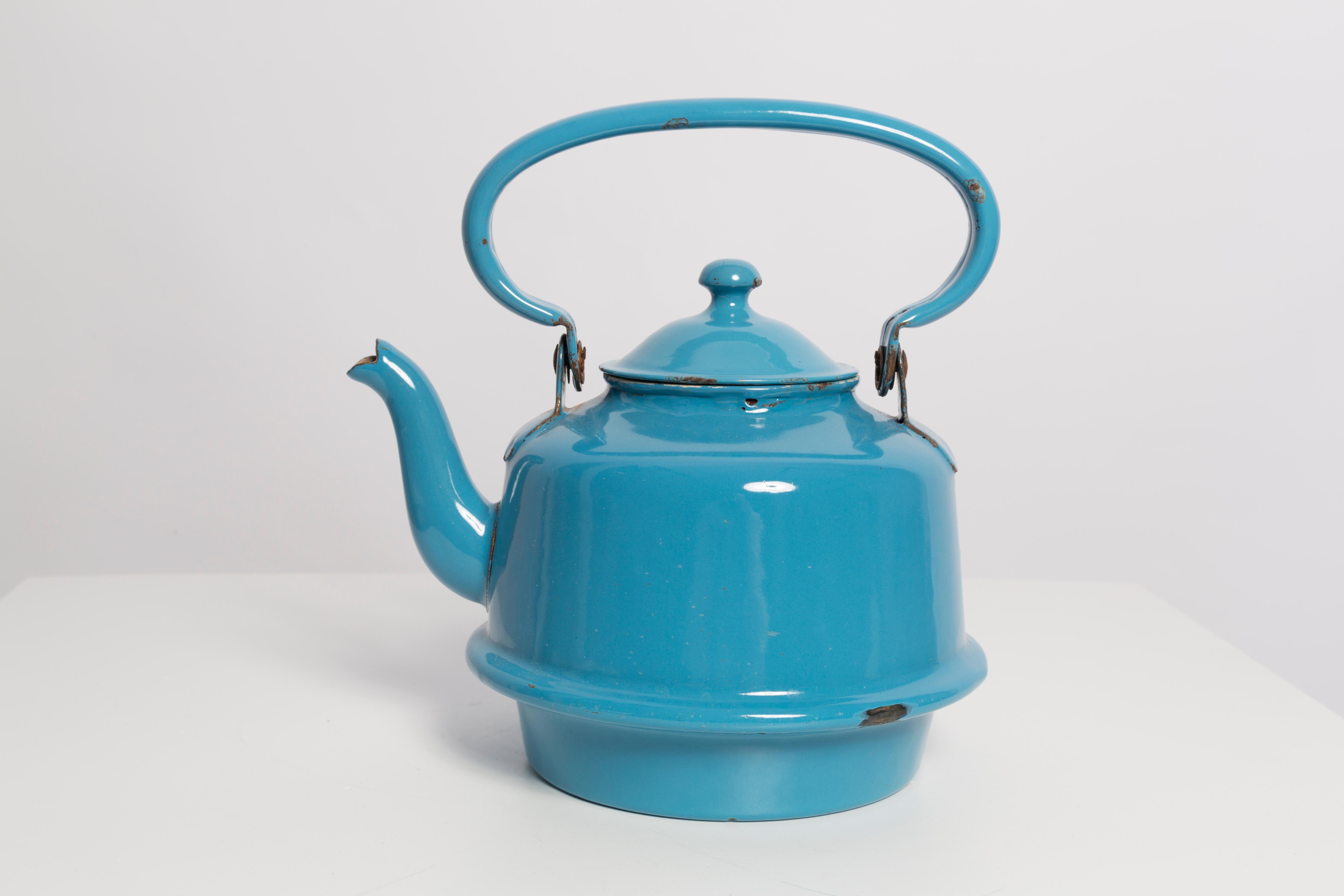 Hand-Painted Mid-Century Enamel Tea Pot Blue Kettle, Europe, 1960s