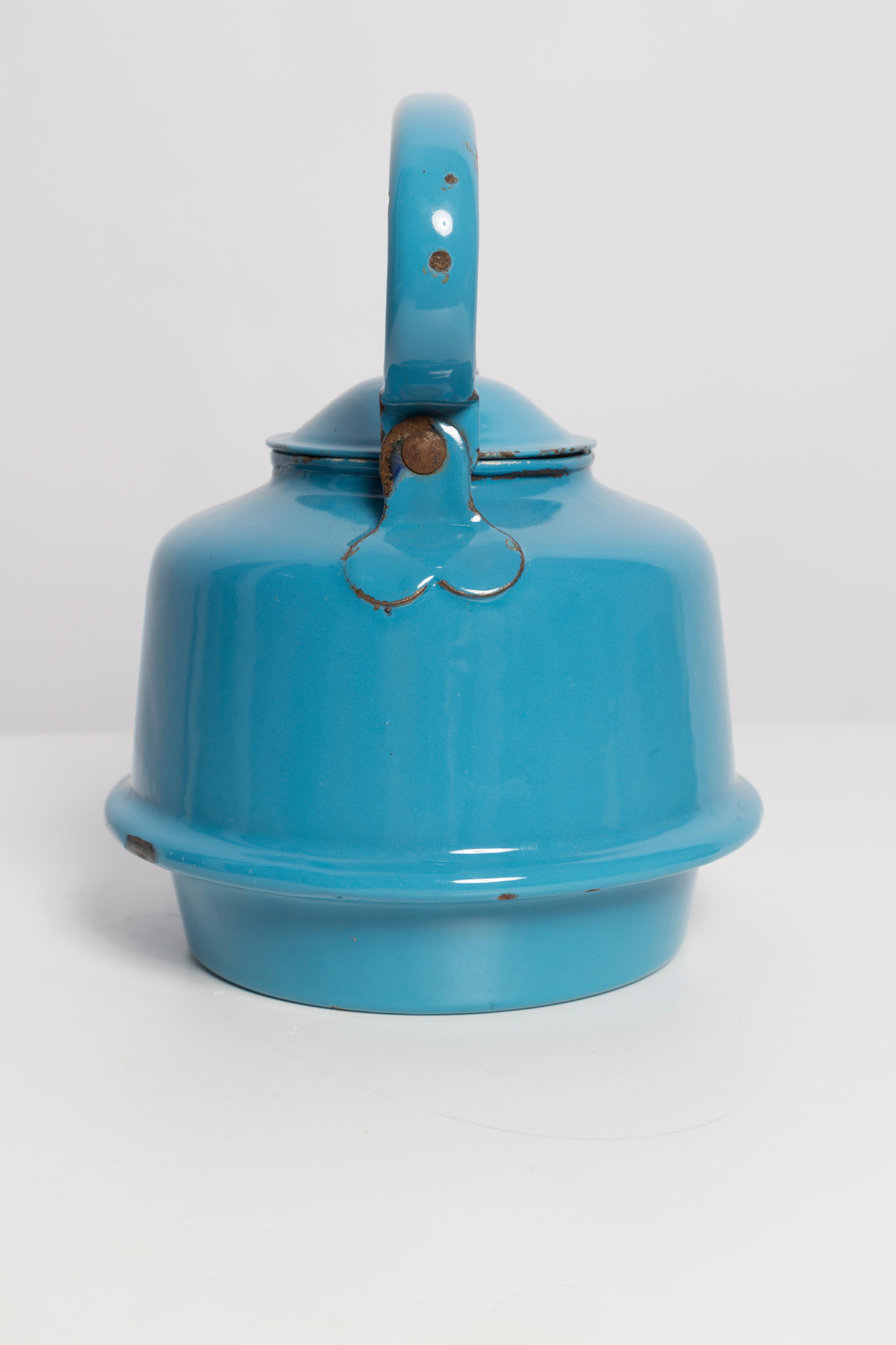 Mid-Century Enamel Tea Pot Blue Kettle, Europe, 1960s In Fair Condition In 05-080 Hornowek, PL