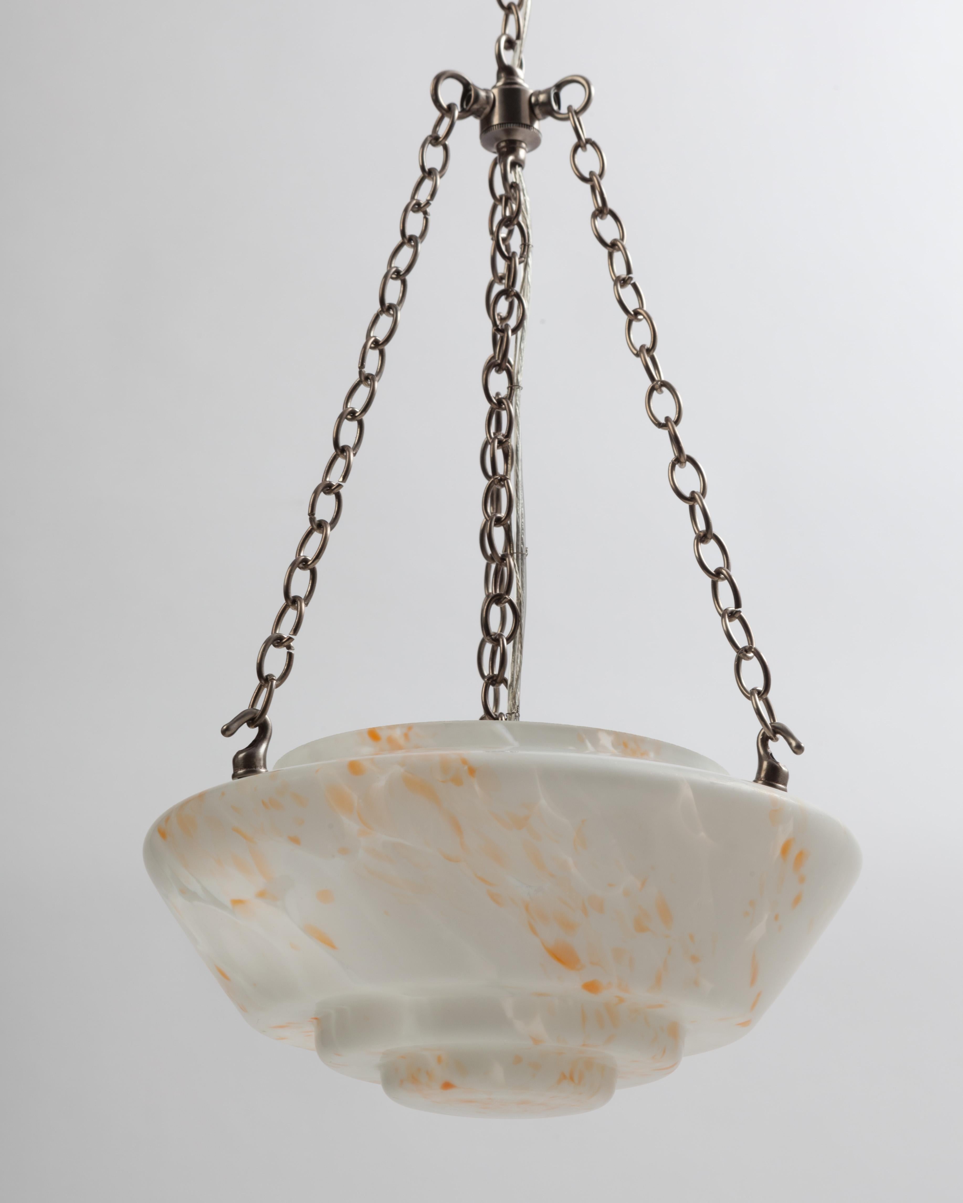 Plated Mid-Century Modern End-Of-Day Art Glass and Nickel Pendant Light, Circa 1950s For Sale