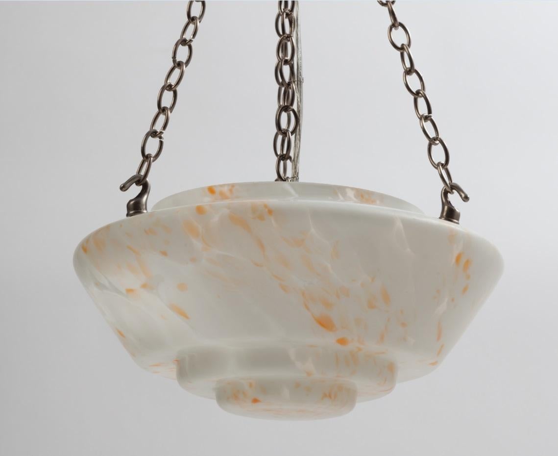 Mid-Century Modern End-Of-Day Art Glass and Nickel Pendant Light, Circa 1950s In Good Condition For Sale In New York, NY