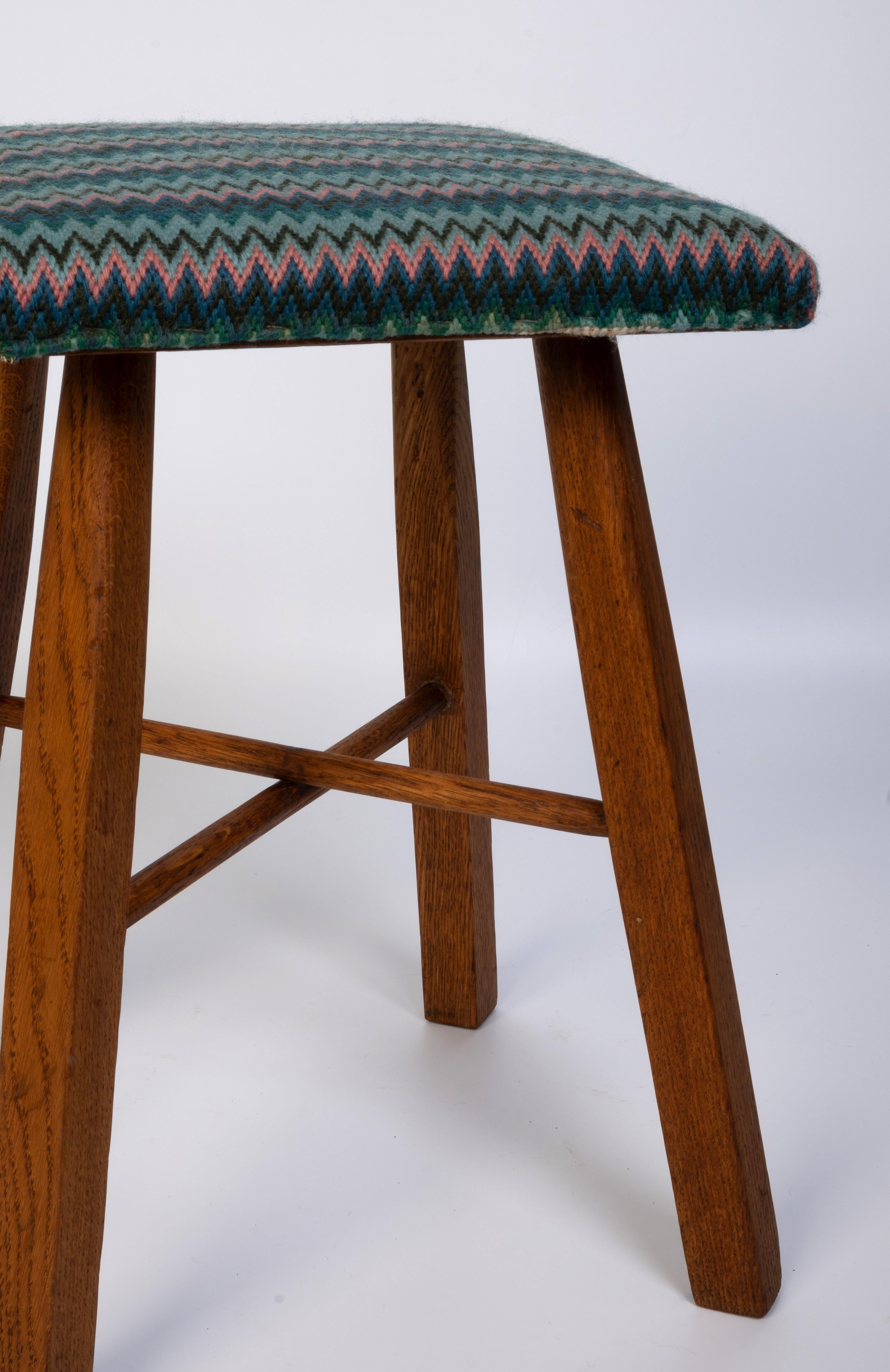 Wool Mid Century English Arts And Crafts Oak Stool C.1950 For Sale