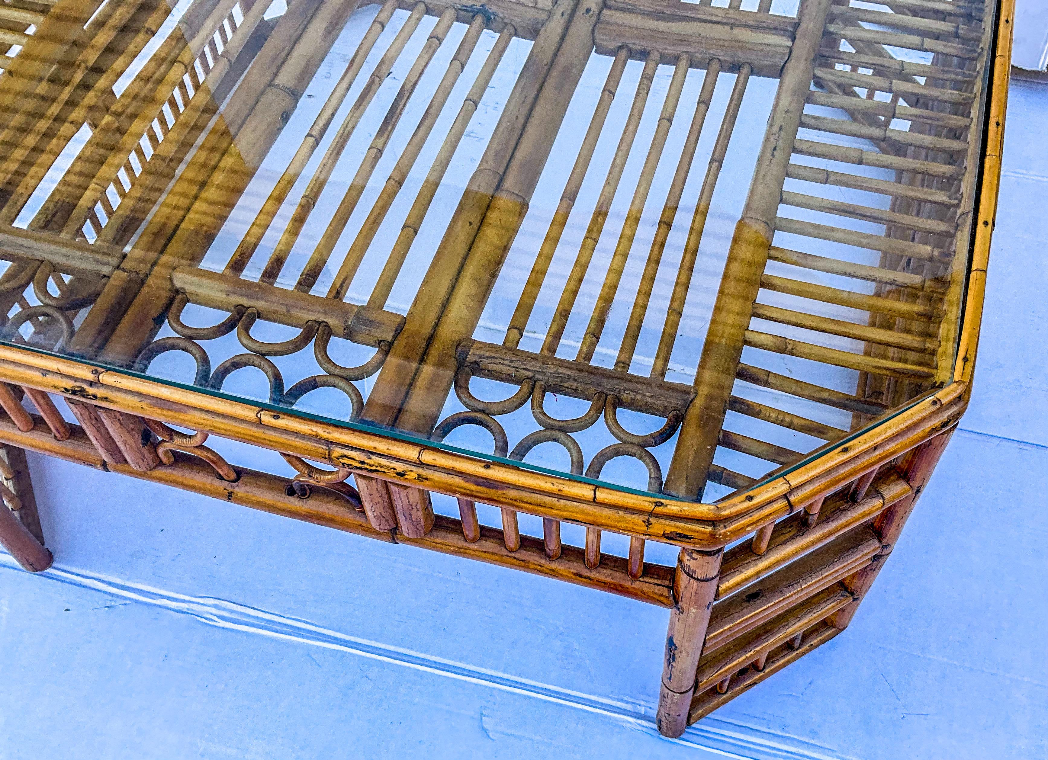 Unknown Midcentury English Brighton Pavilion Style Burnt Bamboo Coffee Table For Sale