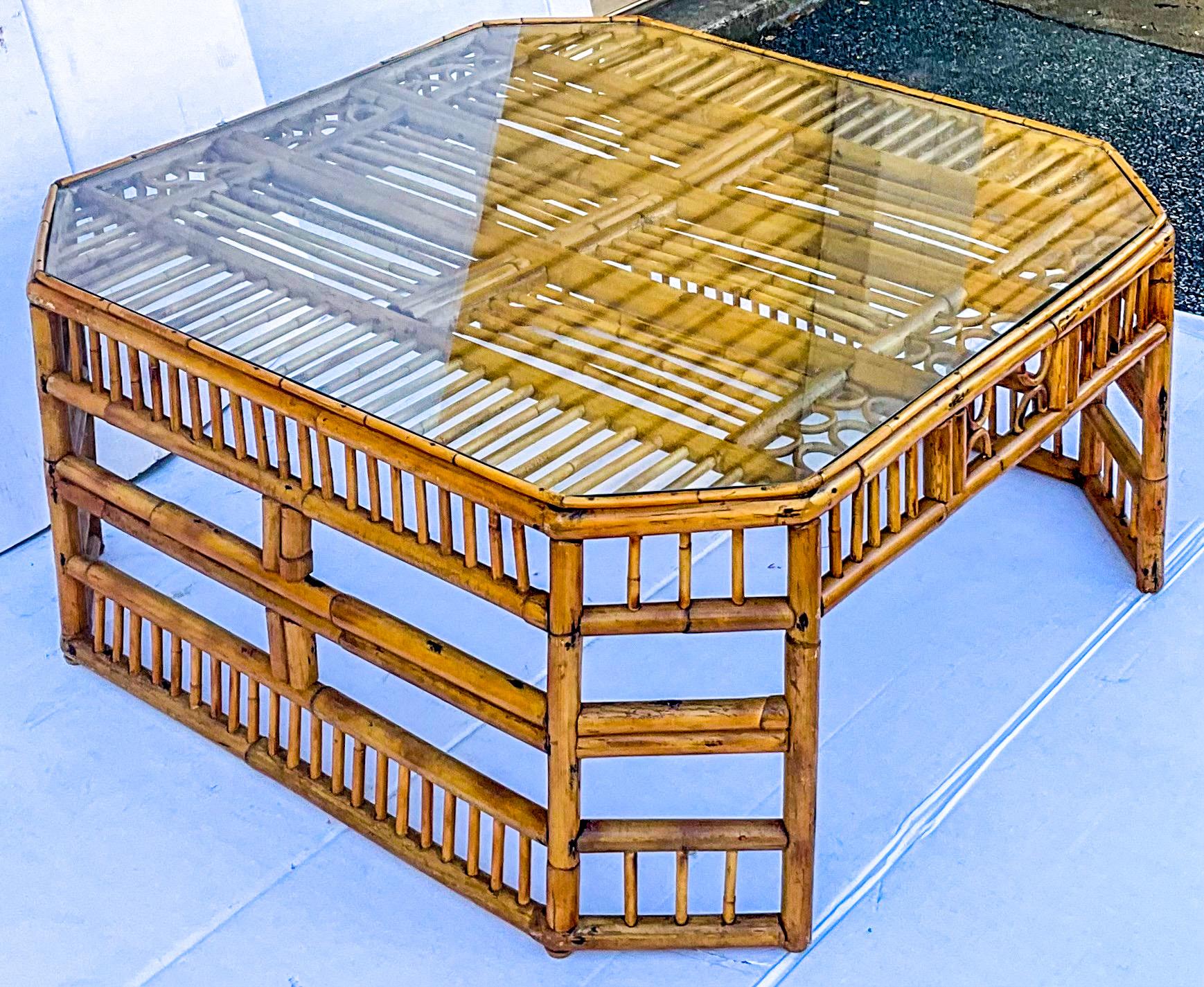 20th Century Midcentury English Brighton Pavilion Style Burnt Bamboo Coffee Table For Sale