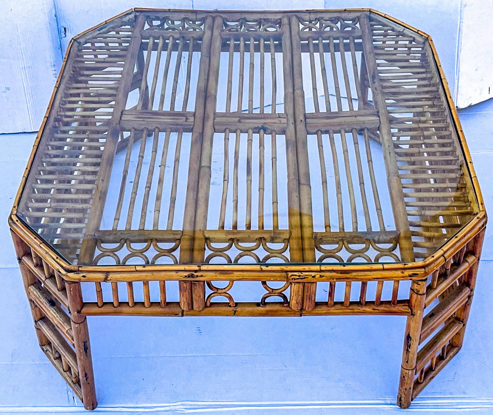 Midcentury English Brighton Pavilion Style Burnt Bamboo Coffee Table For Sale 1