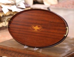 Mid-Century English Burl Walnut Oval Serving Tray with Brass Handles