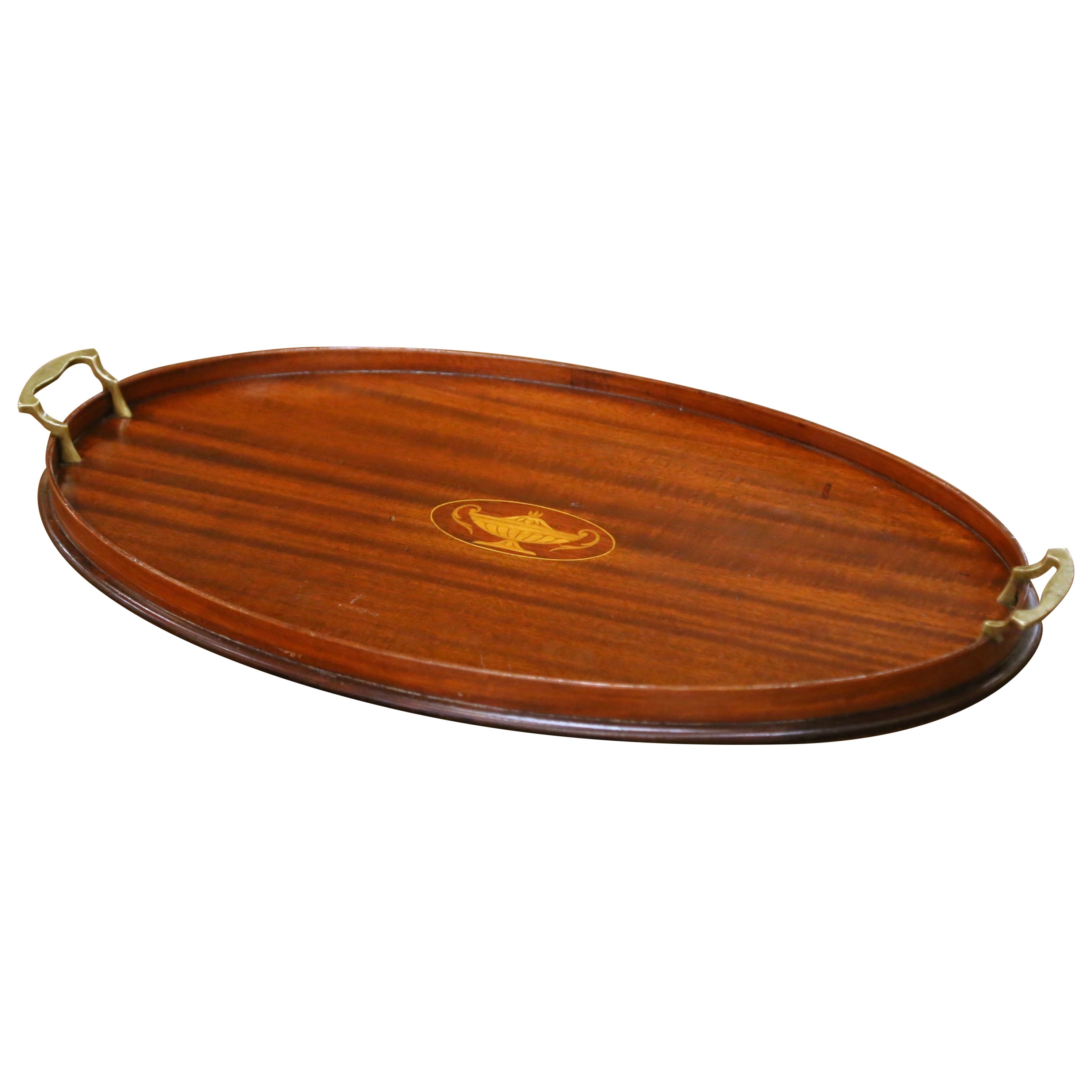Mid-Century English Burl Walnut Oval Serving Tray with Brass Handles For Sale