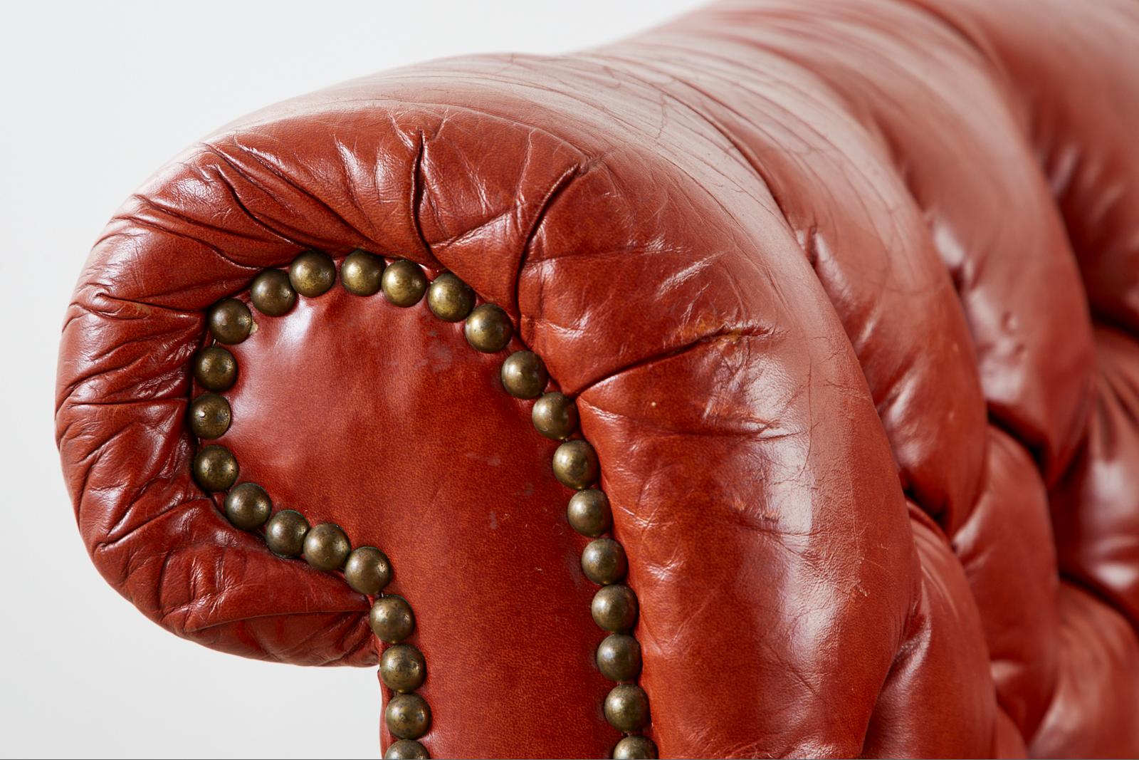 Midcentury English Chesterfield Style Curved Leather Settee 5