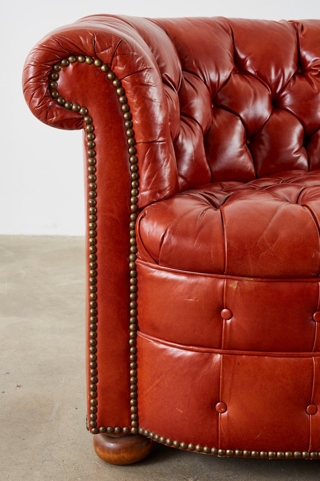 Midcentury English Chesterfield Style Curved Leather Settee 6
