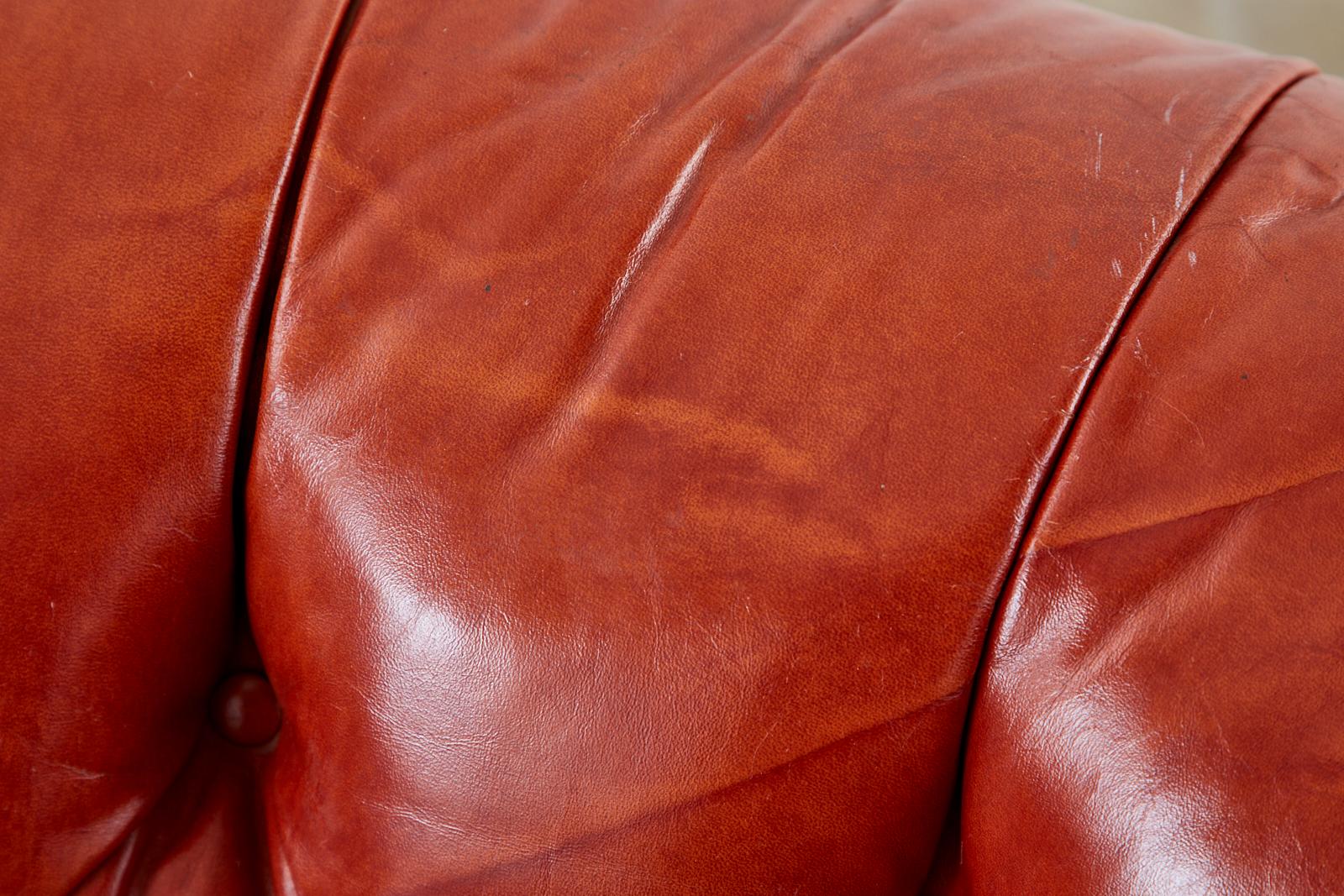 Midcentury English Chesterfield Style Curved Leather Settee 9