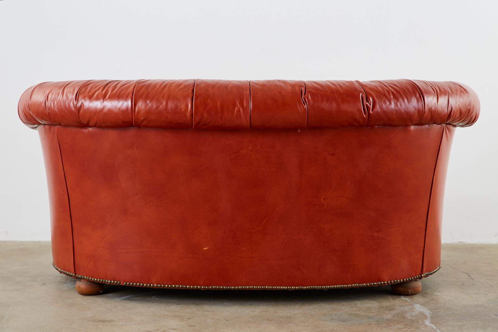 Midcentury English Chesterfield Style Curved Leather Settee 14