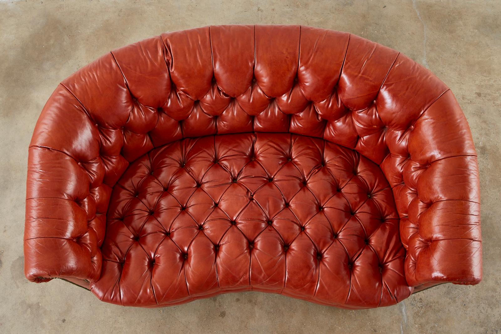 Brass Midcentury English Chesterfield Style Curved Leather Settee