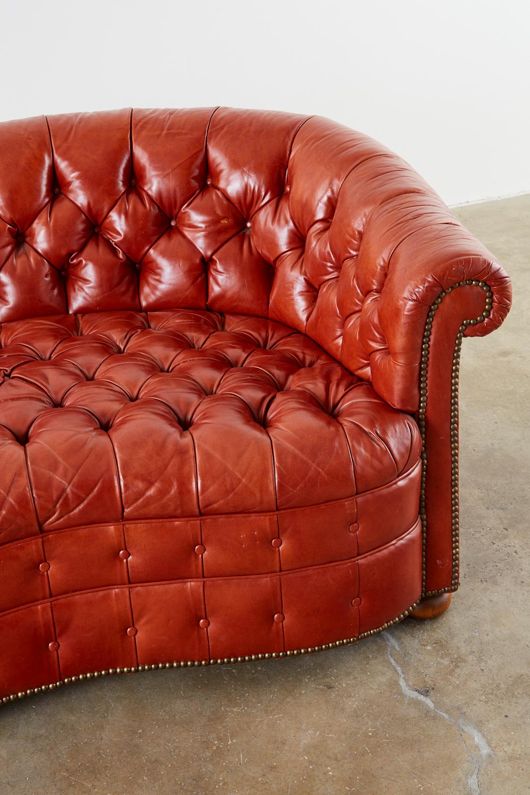 Midcentury English Chesterfield Style Curved Leather Settee 2
