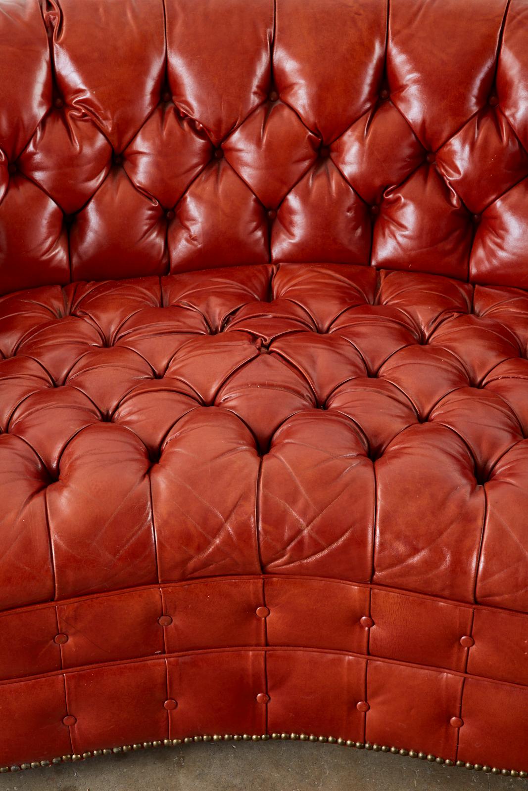 Midcentury English Chesterfield Style Curved Leather Settee 3